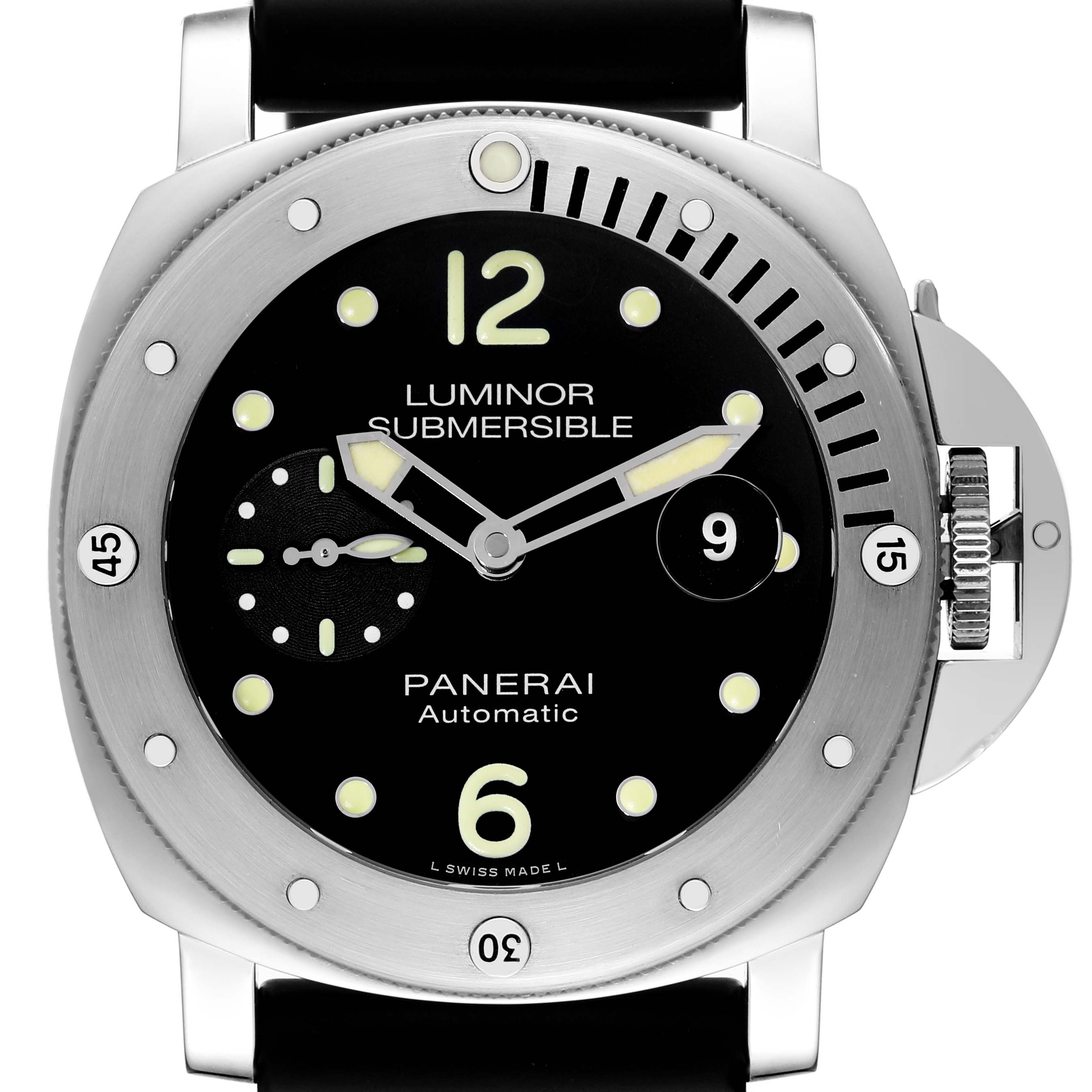 The image shows a front view of the Panerai Submersible PAM01024 Men's Stainless Steel Black Dial PAM01024 Men's Stainless Steel Black Dial watch, highlighting its dial, bezel, hands, and crown protector.