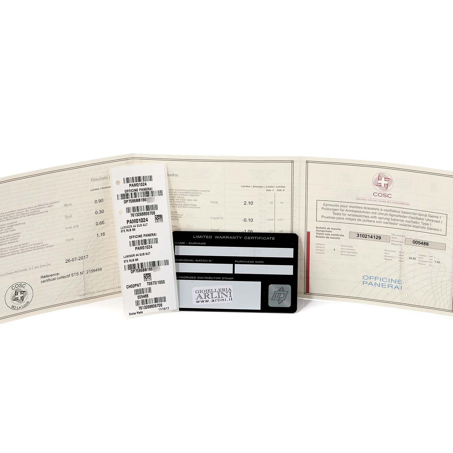 This image shows documents and a warranty card for the Panerai Submersible PAM01024 Men's Stainless Steel Black Dial PAM01024 Men's Stainless Steel Black Dial watch.