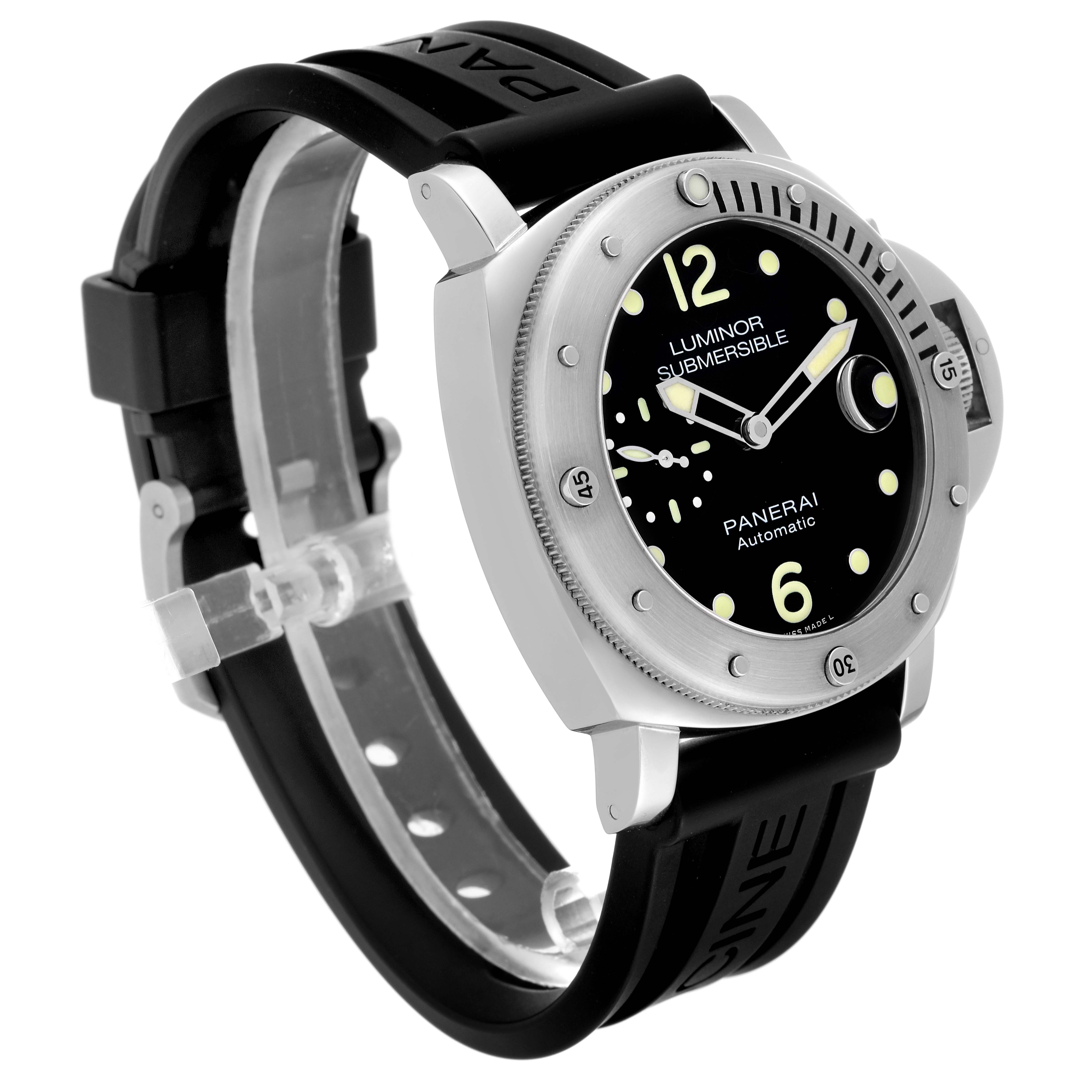 The image shows a Panerai Submersible PAM01024 Men's Stainless Steel Black Dial PAM01024 Men's Stainless Steel Black Dial watch at a three-quarter angle, emphasizing the face, bezel, and rubber strap.