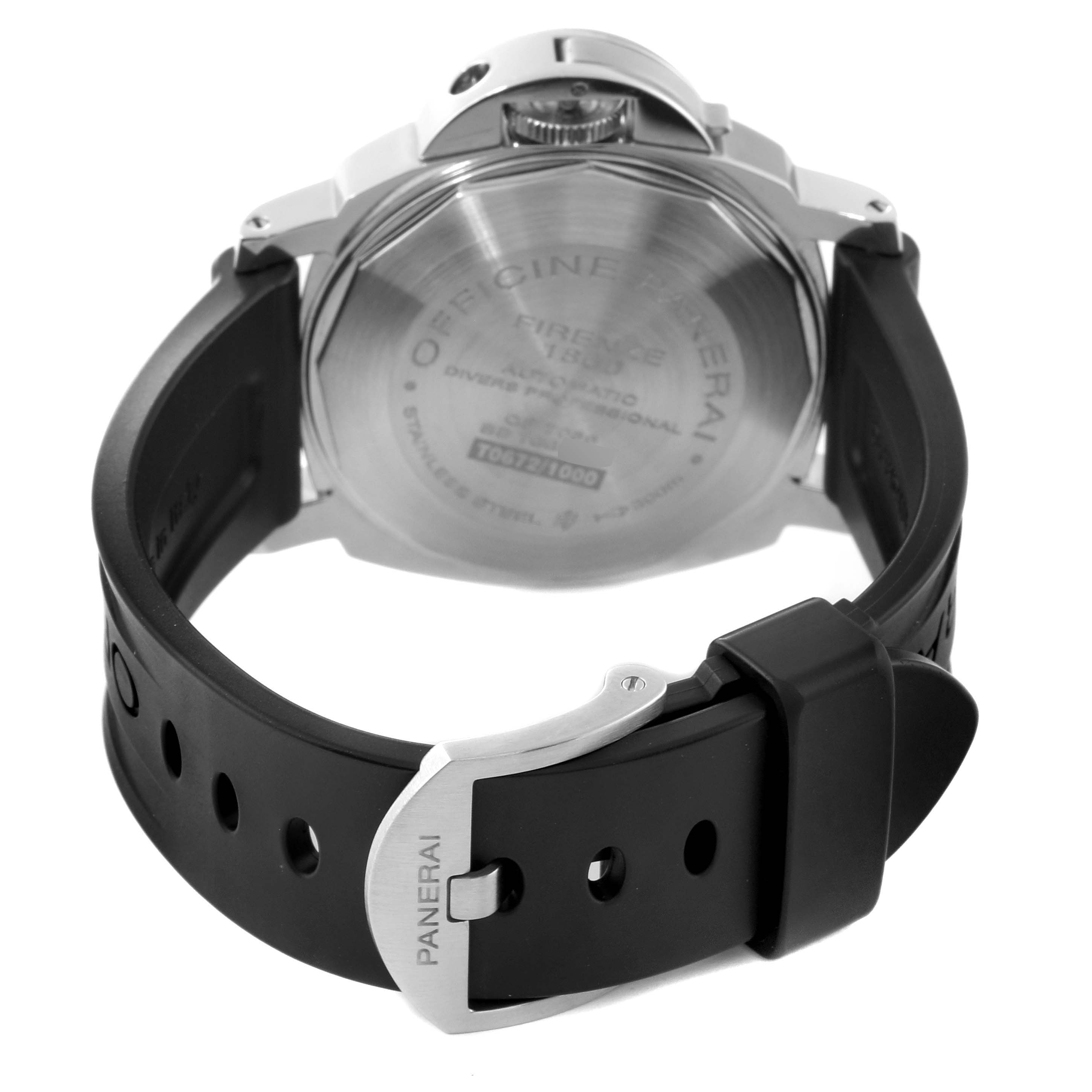 The image shows the Panerai Submersible PAM01024 Men's Stainless Steel Black Dial PAM01024 Men's Stainless Steel Black Dial watch from a rear angle, displaying the case back and the strap with the Panerai buckle.