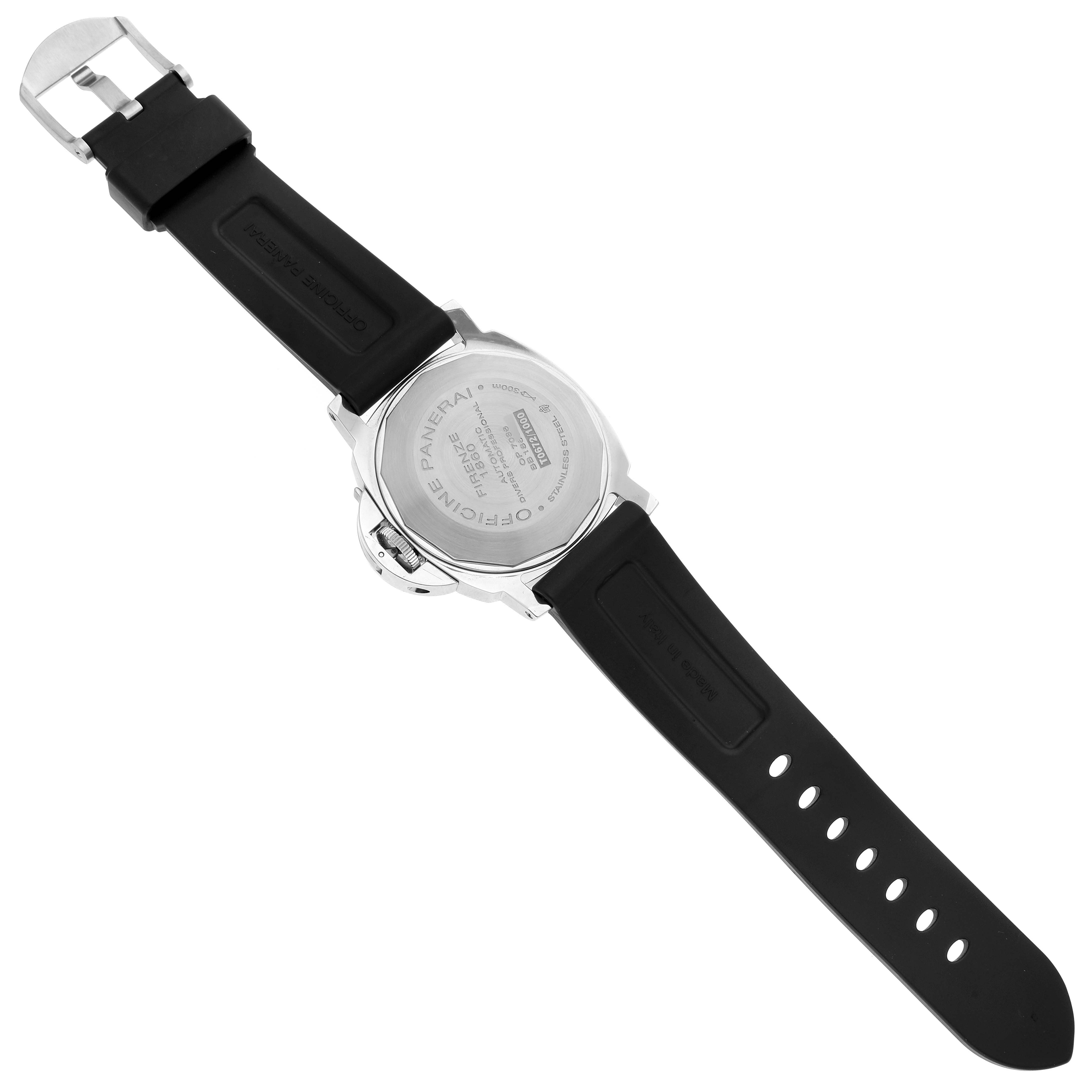 The image shows the back case and strap of the Panerai Submersible PAM01024 Men's Stainless Steel Black Dial PAM01024 Men's Stainless Steel Black Dial watch from a top-down angle.