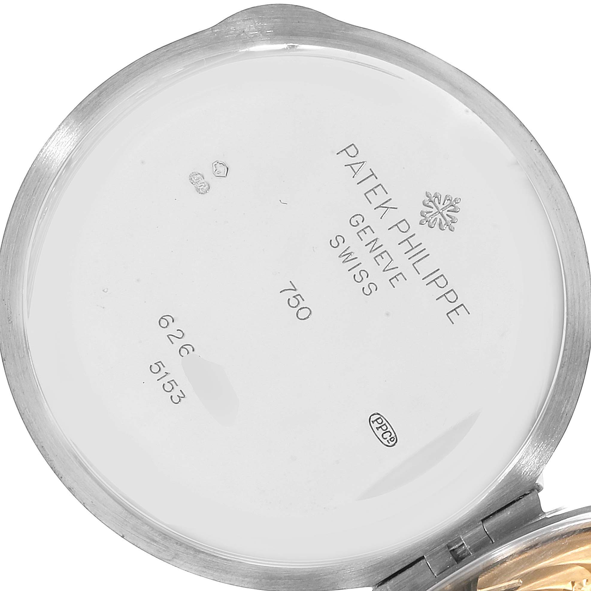 This image shows the interior case back of a Patek Philippe Calatrava 5153G Men
s White Gold Silver Dial 5153G Men
s White Gold Silver Dial watch, highlighting the brand and model inscriptions.