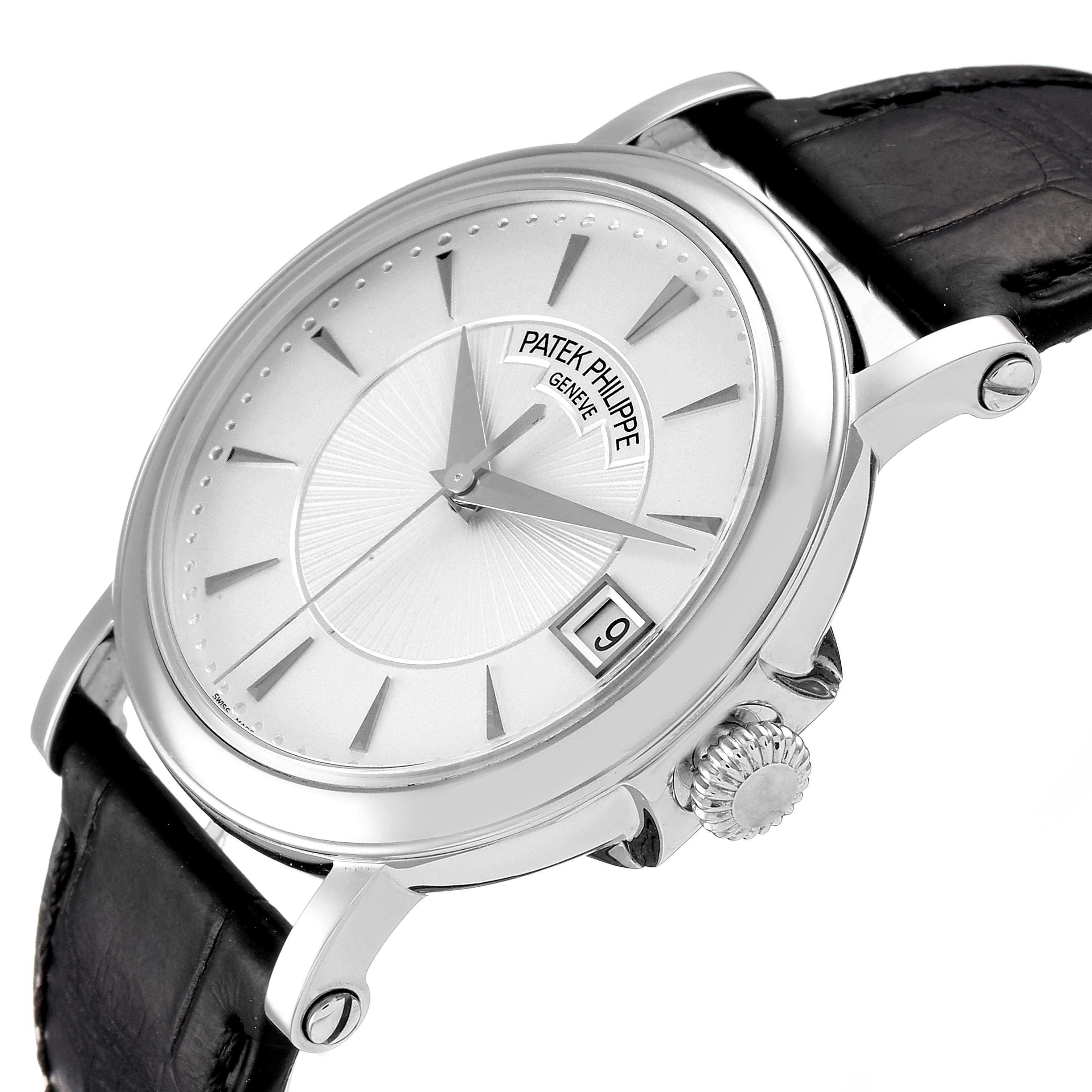 The image shows a Patek Philippe Calatrava 5153G Men
s White Gold Silver Dial 5153G Men
s White Gold Silver Dial watch at an angle, highlighting the dial, crown, case, and leather strap.
