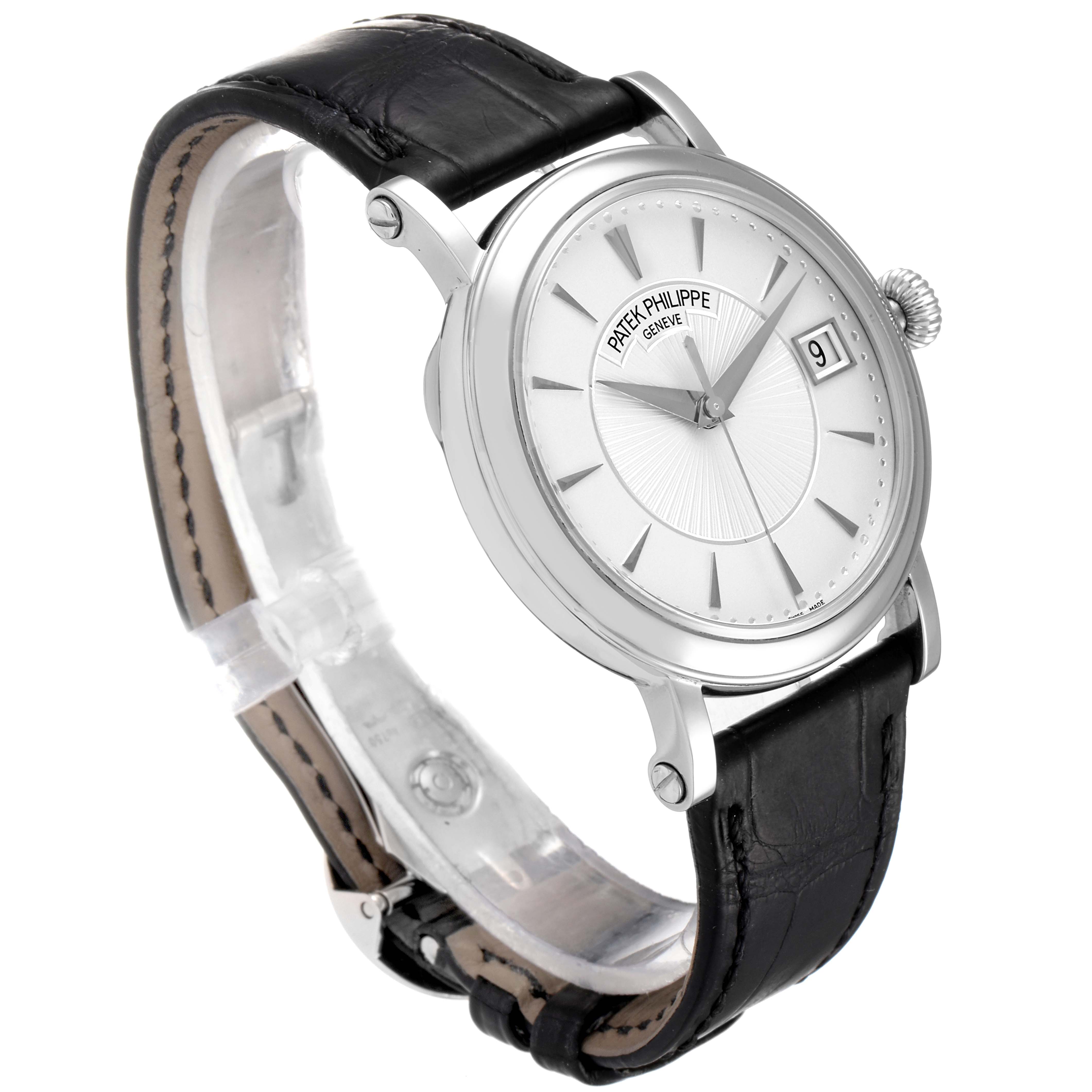 The watch is a Patek Philippe Calatrava 5153G Men
s White Gold Silver Dial 5153G Men
s White Gold Silver Dial model shown at a three-quarter angle, displaying the dial, case, and leather strap.