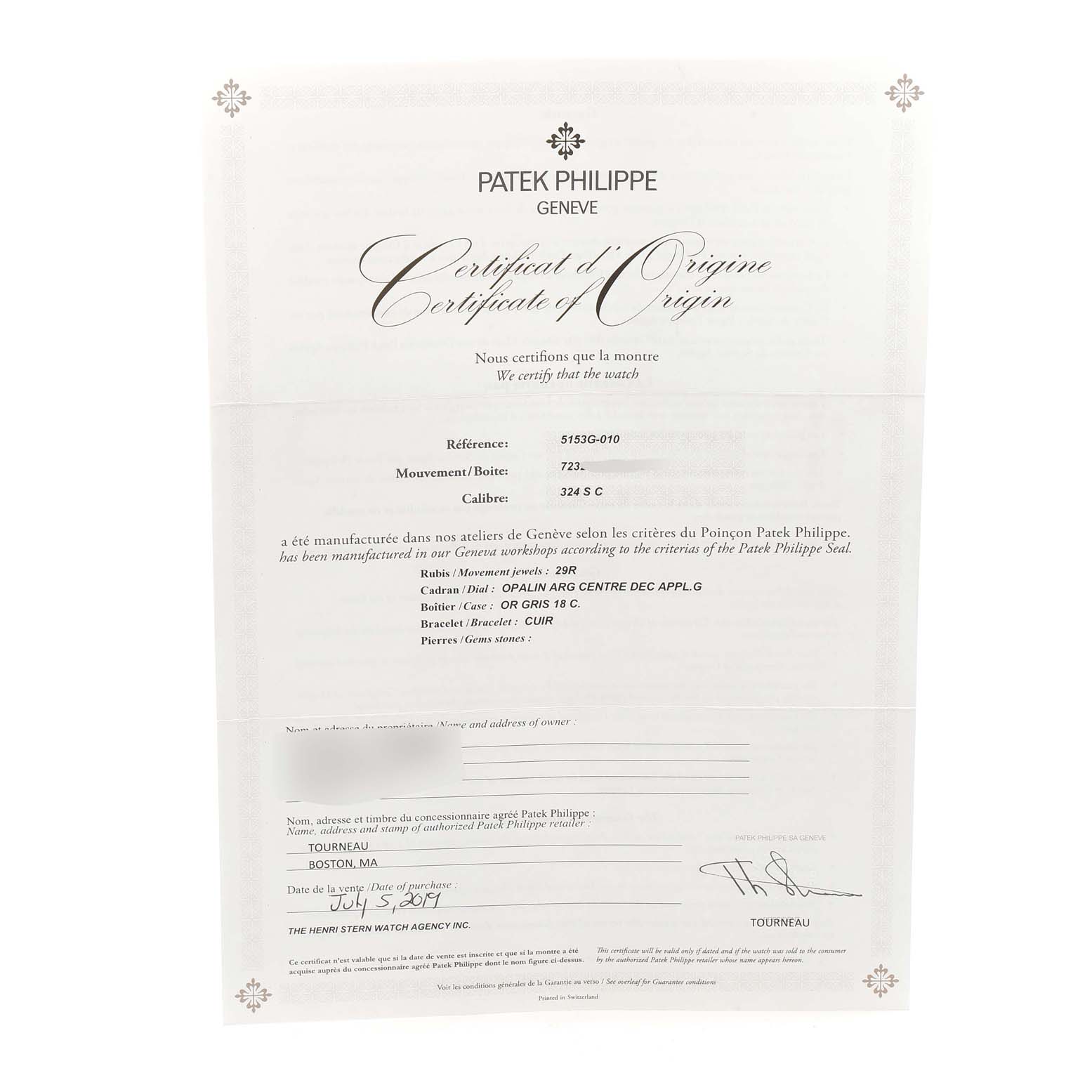 This is a Patek Philippe Certificate of Origin for the Calatrava model, showing detailed specifications and Best Quality
ity information.