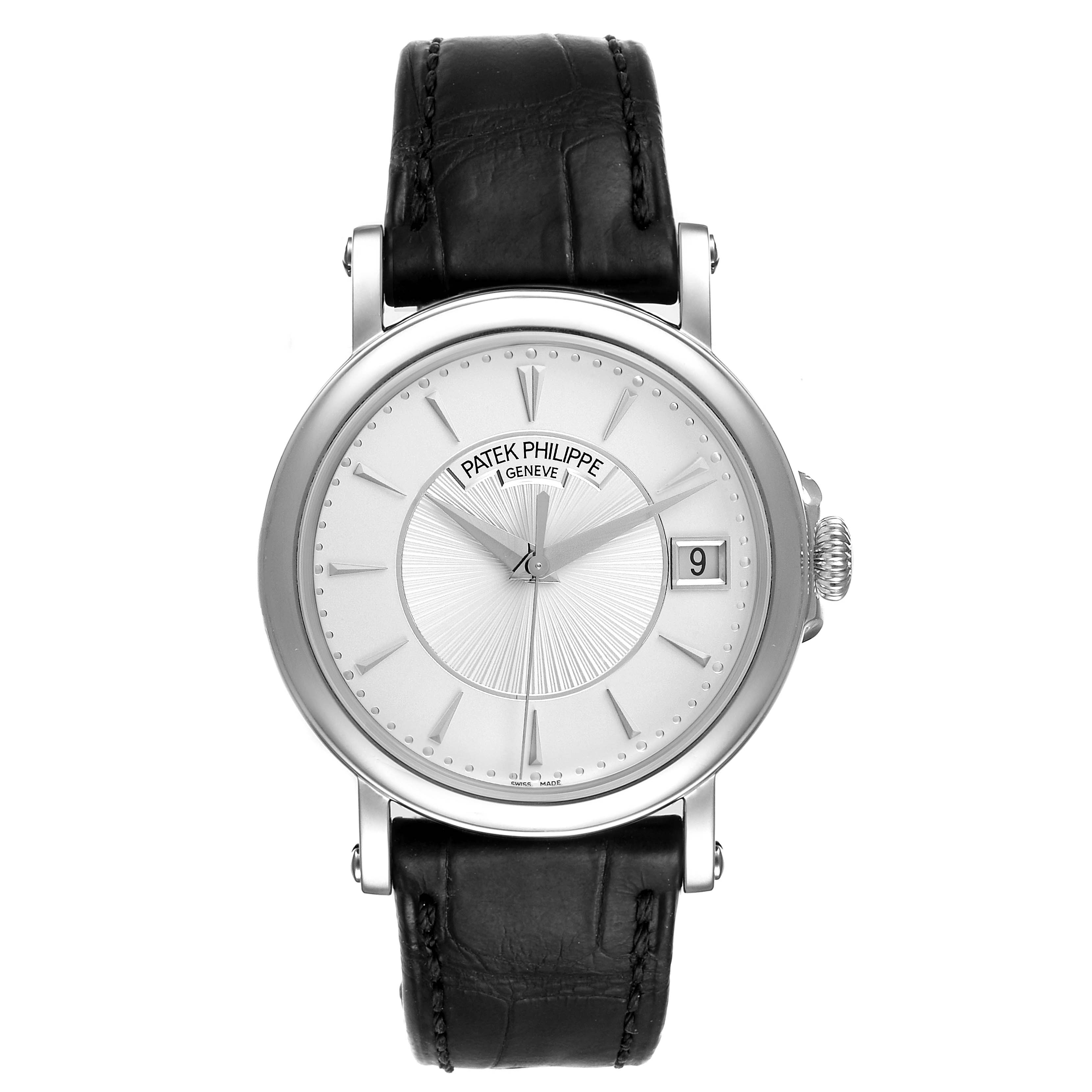 The image shows a front view of a Patek Philippe Calatrava 5153G Men
s White Gold Silver Dial 5153G Men
s White Gold Silver Dial watch featuring a white dial, date display, and black leather strap.