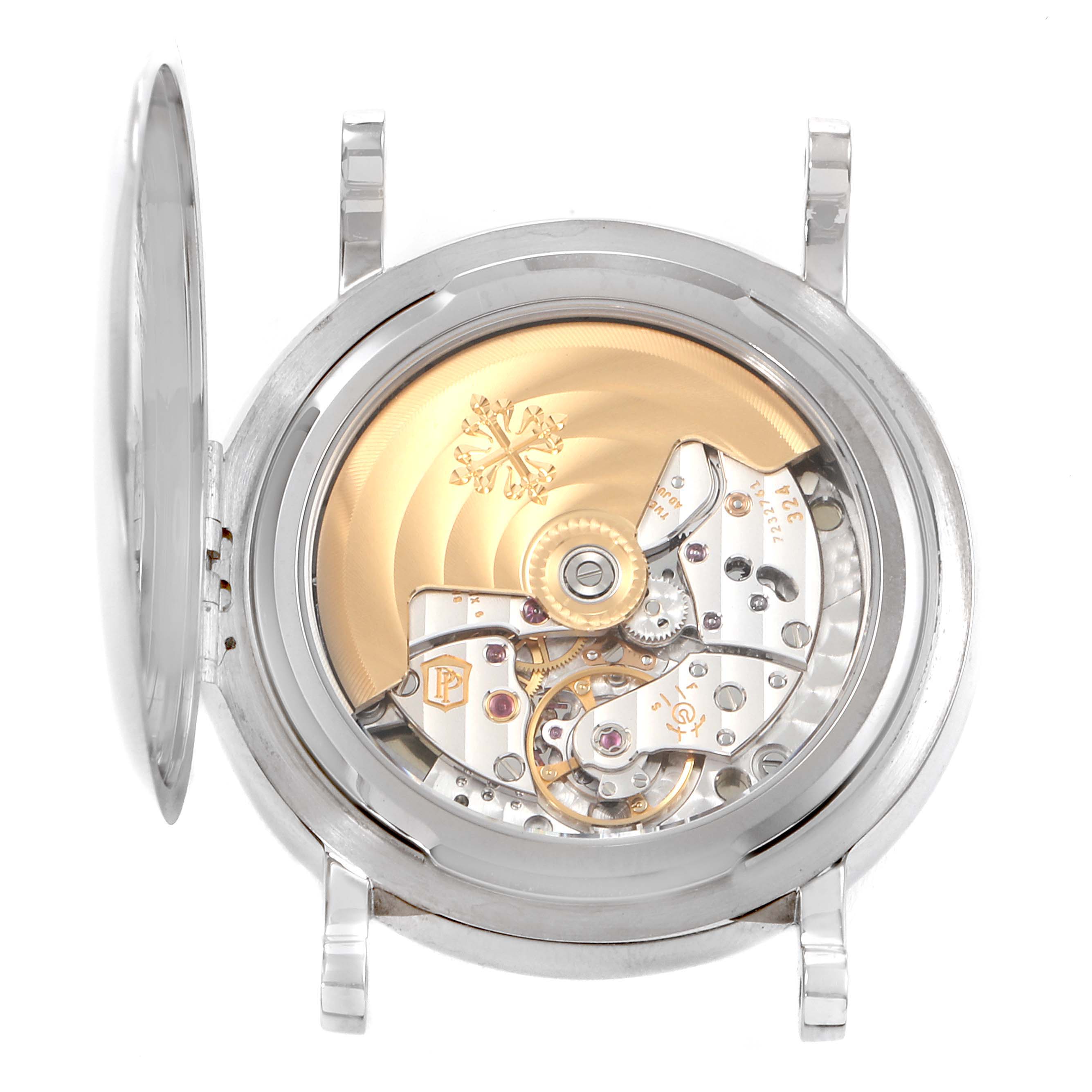 This image shows the back view of the Patek Philippe Calatrava 5153G Men
s White Gold Silver Dial 5153G Men
s White Gold Silver Dial model, highlighting the watch
s intricate movement and internal components.