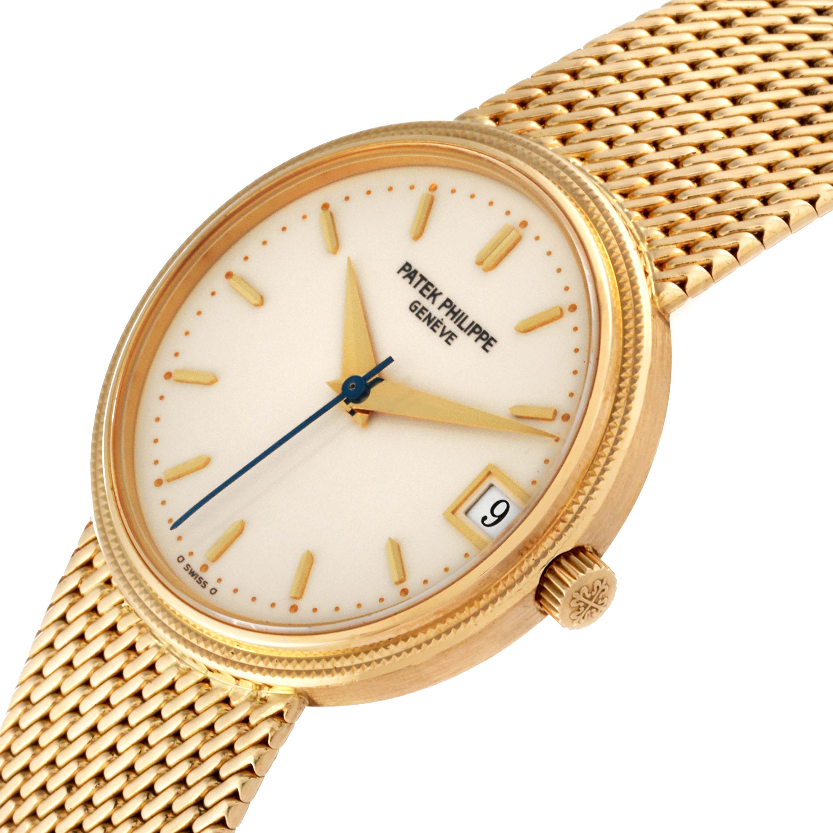 The image shows a close-up angled view of a Patek Philippe Calatrava 3802 Men
s Yellow Gold White Dial 3802 Men
s Yellow Gold White Dial watch, highlighting the dial, hands, crown, and mesh strap.