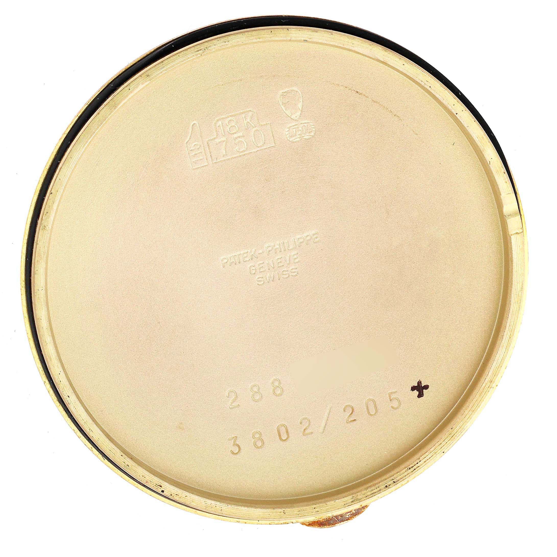 This image shows the inside of the case back for a Patek Philippe Calatrava 3802 Men
s Yellow Gold White Dial 3802 Men
s Yellow Gold White Dial watch.