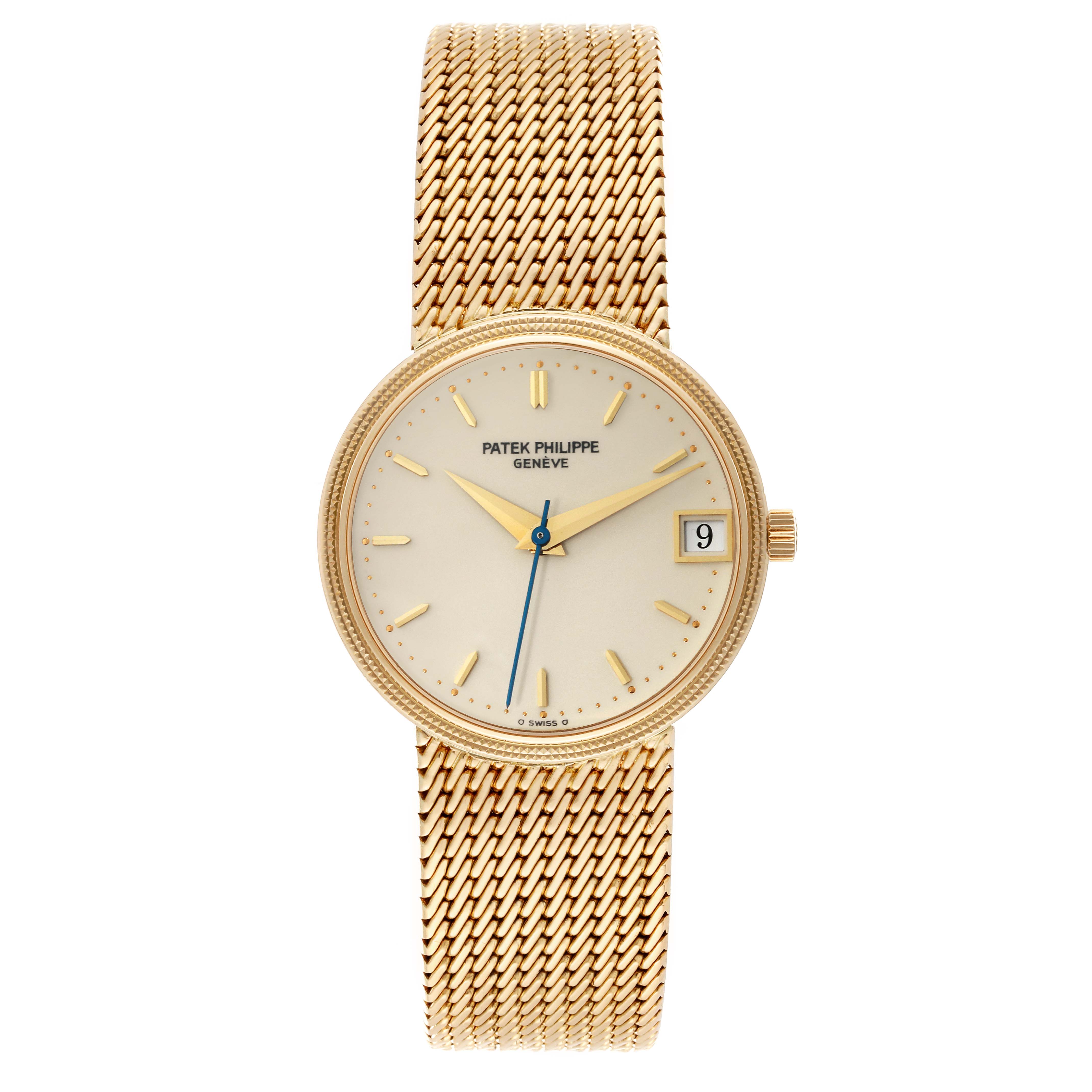 The image shows a front view of the Patek Philippe Calatrava 3802 Men
s Yellow Gold White Dial 3802 Men
s Yellow Gold White Dial watch, including its dial, hands, date window, and mesh strap.
