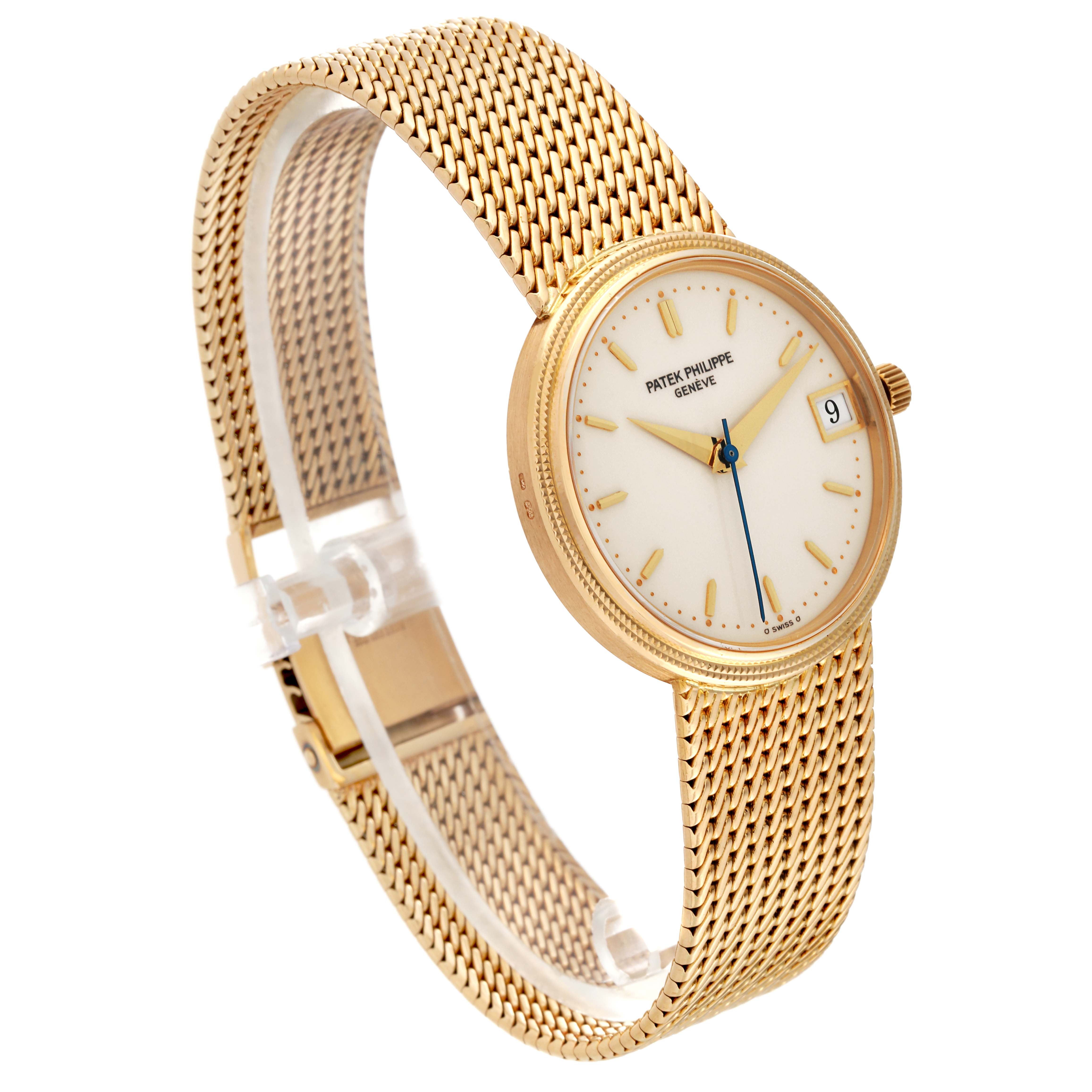 This image shows a side-angle view of the Patek Philippe Calatrava 3802 Men
s Yellow Gold White Dial 3802 Men
s Yellow Gold White Dial watch with a gold mesh bracelet and a white dial.