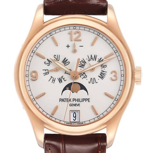 The Patek Philippe Complications 5146R-001 Men's Rose Gold White Dial watch is shown from a front angle, featuring the dial, moon phase, lugs, and part of the leather strap.