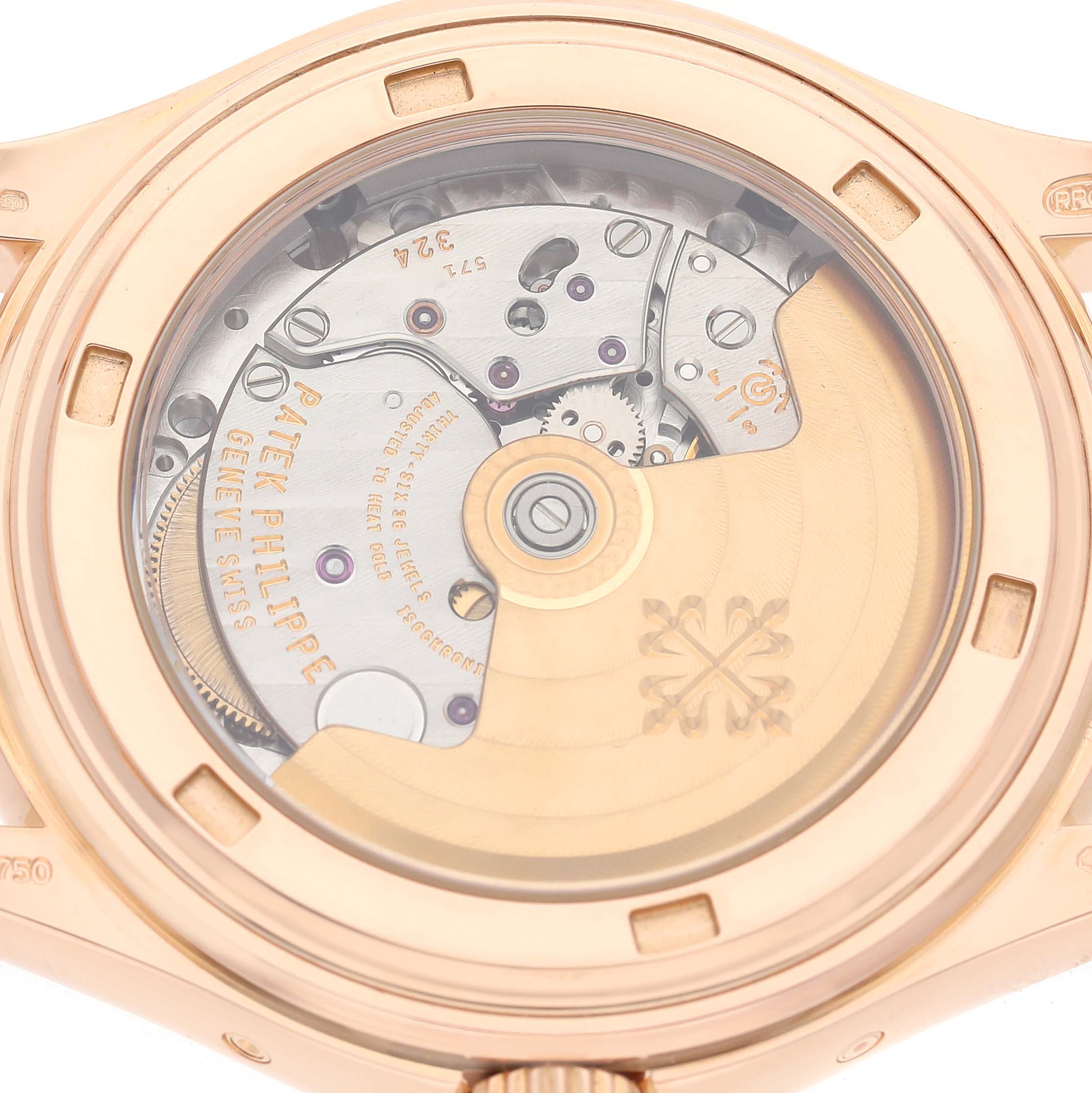 The image shows the back view of a Patek Philippe Complications 5146R-001 Men's Rose Gold White Dial watch, highlighting its intricate movement and rotor.
