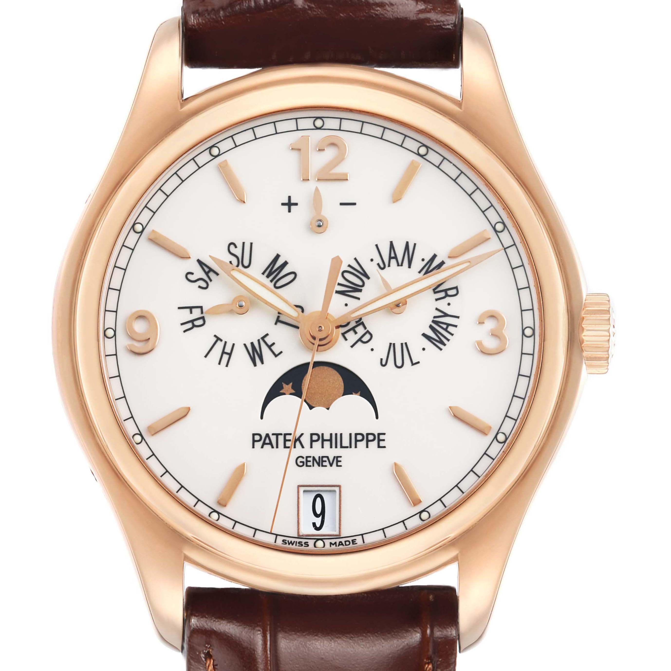 The image shows a frontal view of a Patek Philippe Complications 5146R-001 Men's Rose Gold White Dial watch, highlighting the dial, hands, and calendar features.