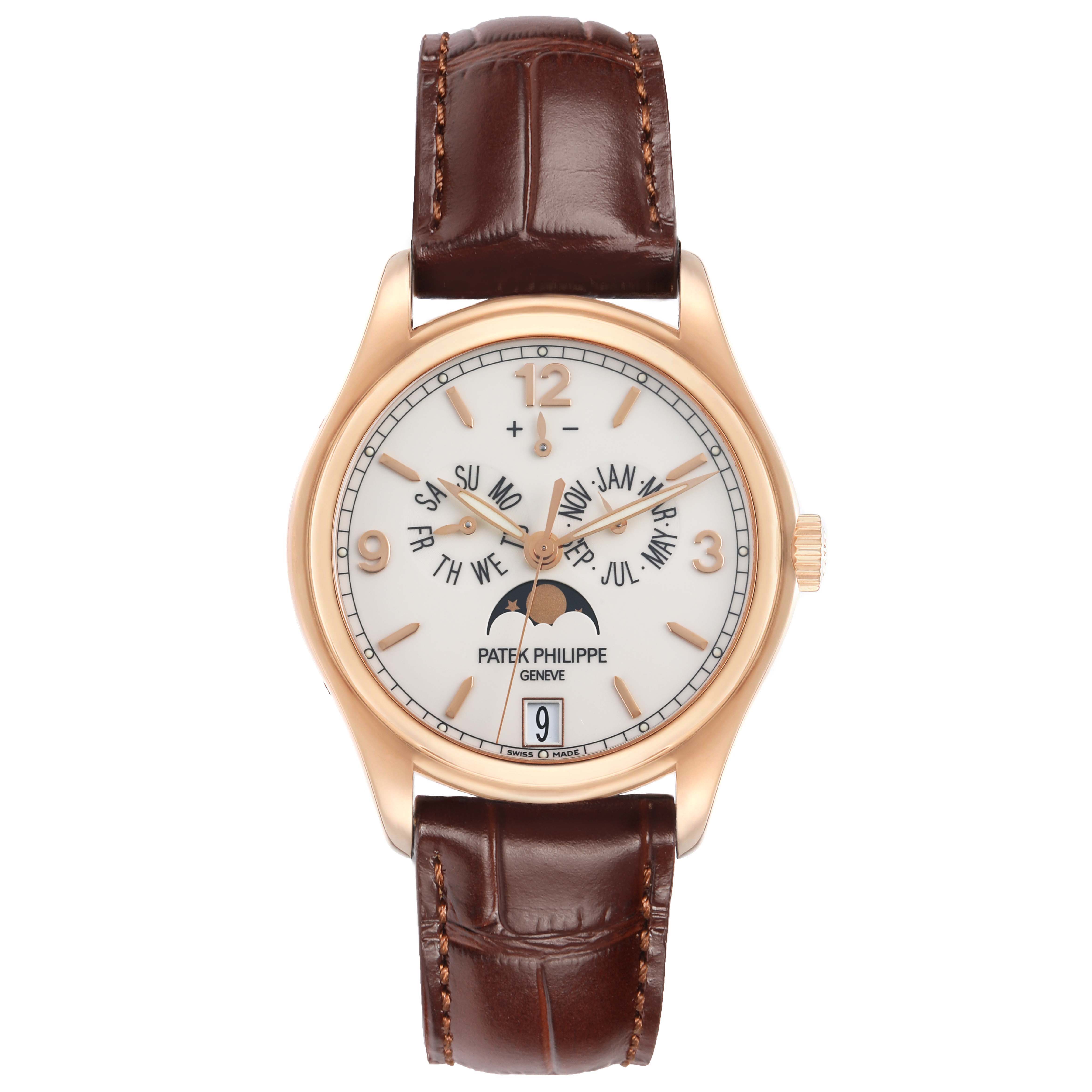 The Patek Philippe Complications 5146R-001 Men's Rose Gold White Dial watch is shown from a front angle, highlighting the dial, hands, and leather strap.