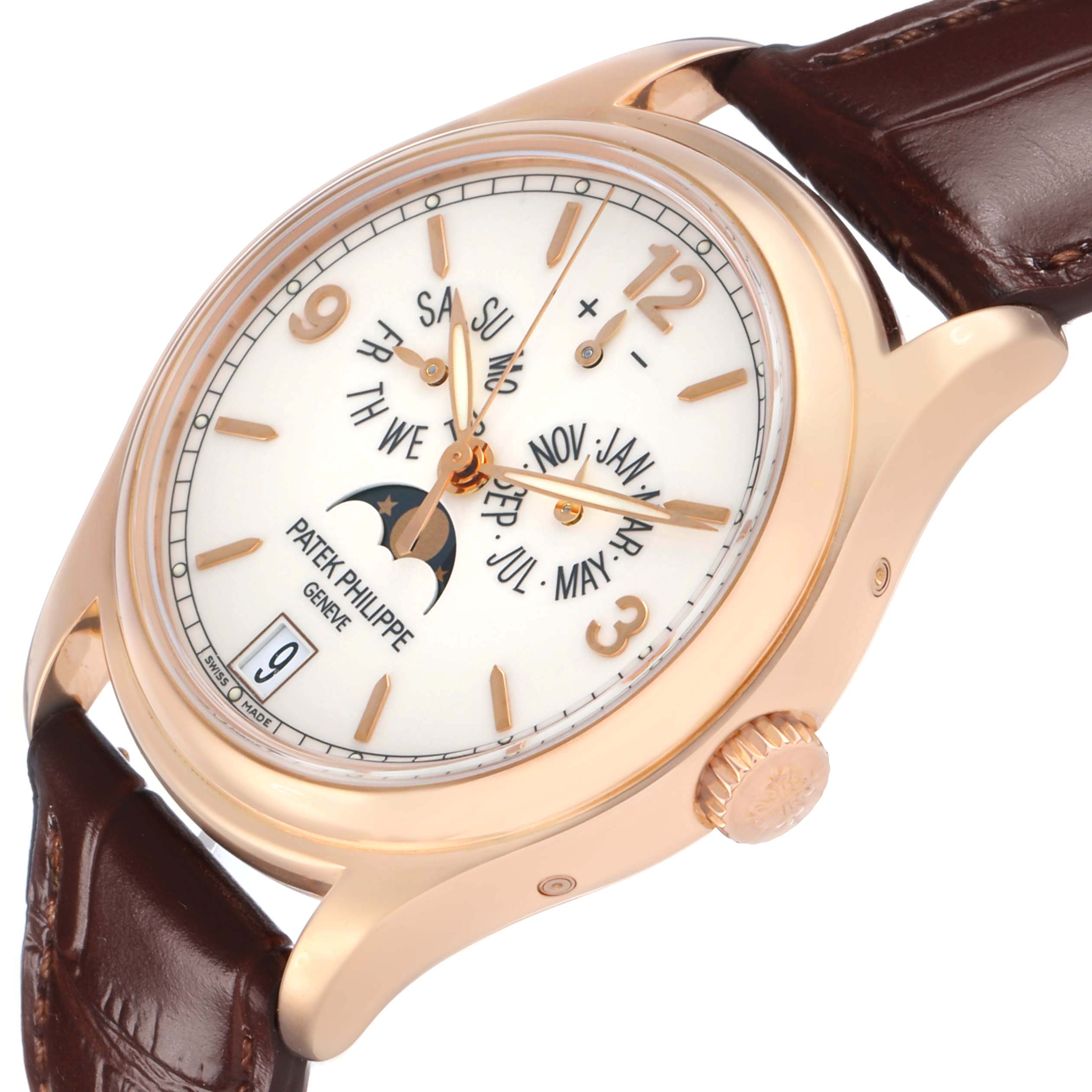 The image shows a Patek Philippe Complications 5146R-001 Men's Rose Gold White Dial watch at an angled view, highlighting the dial, case, crown, and leather strap.