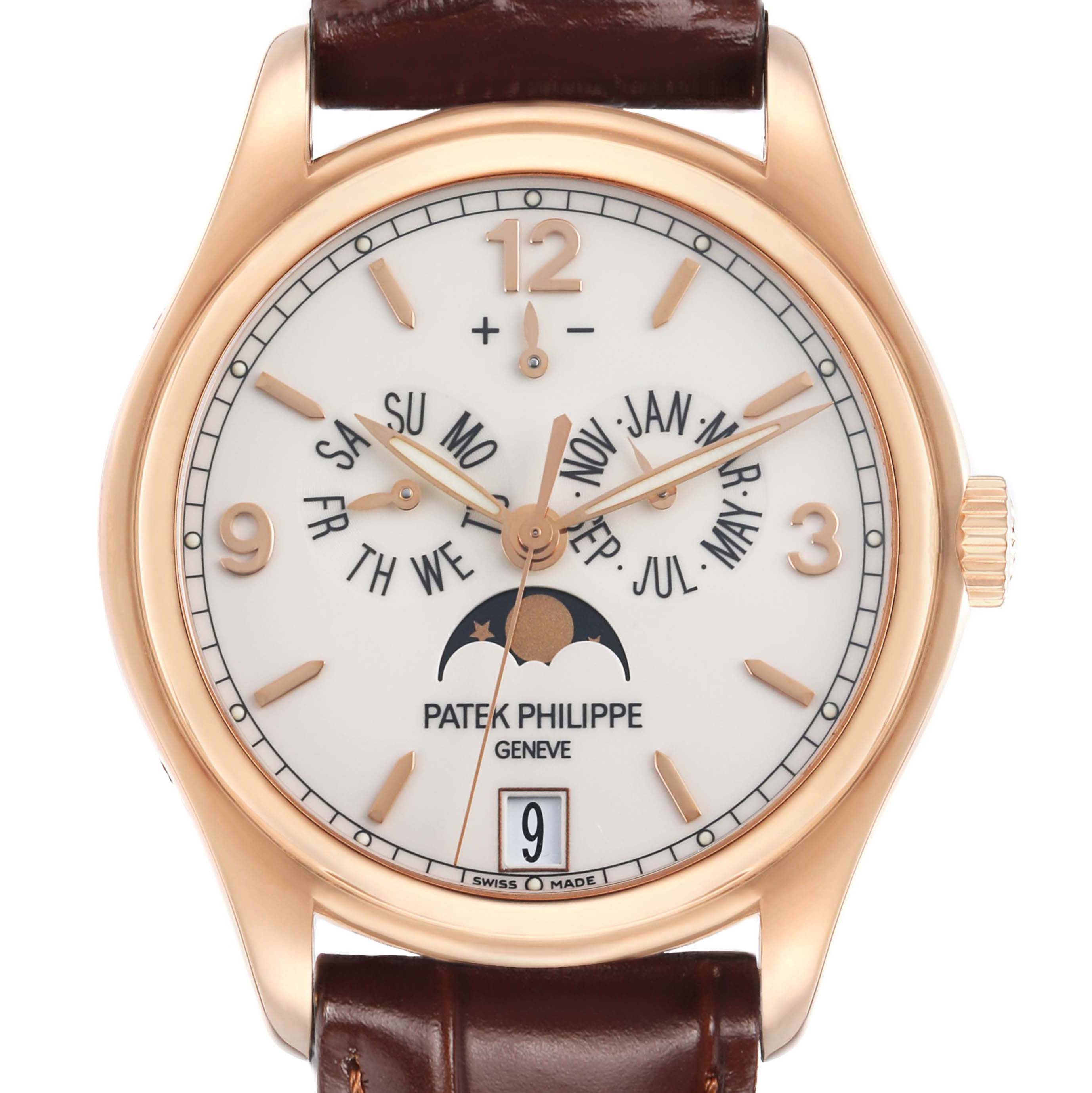 The Patek Philippe Complications 5146R-001 Men's Rose Gold White Dial model is shown from a front angle, displaying the dial with day, date, month, and moon phase features.