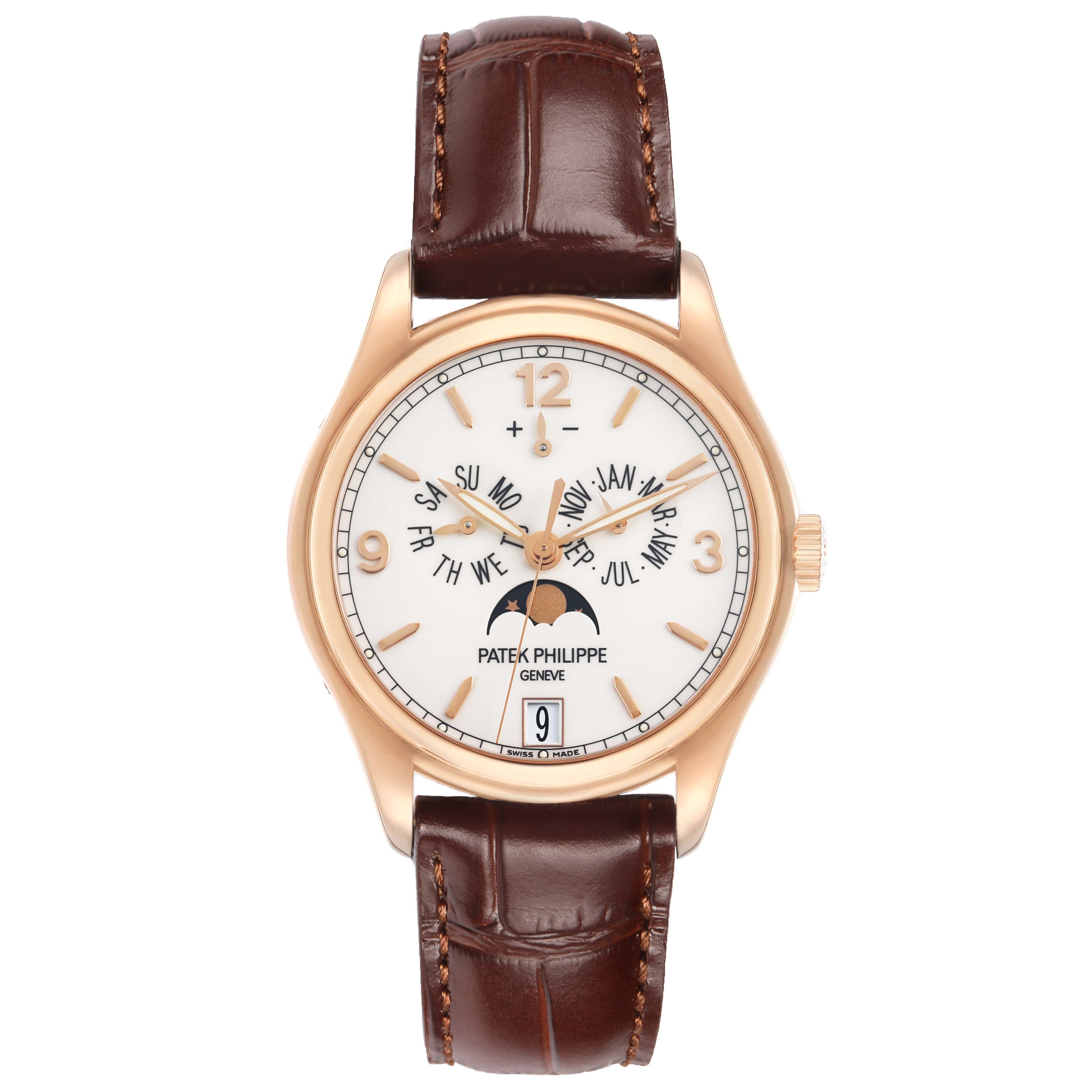 The image shows a front view of the Patek Philippe Complications 5146R-001 Men's Rose Gold White Dial watch, highlighting the dial, leather strap, and complications features.