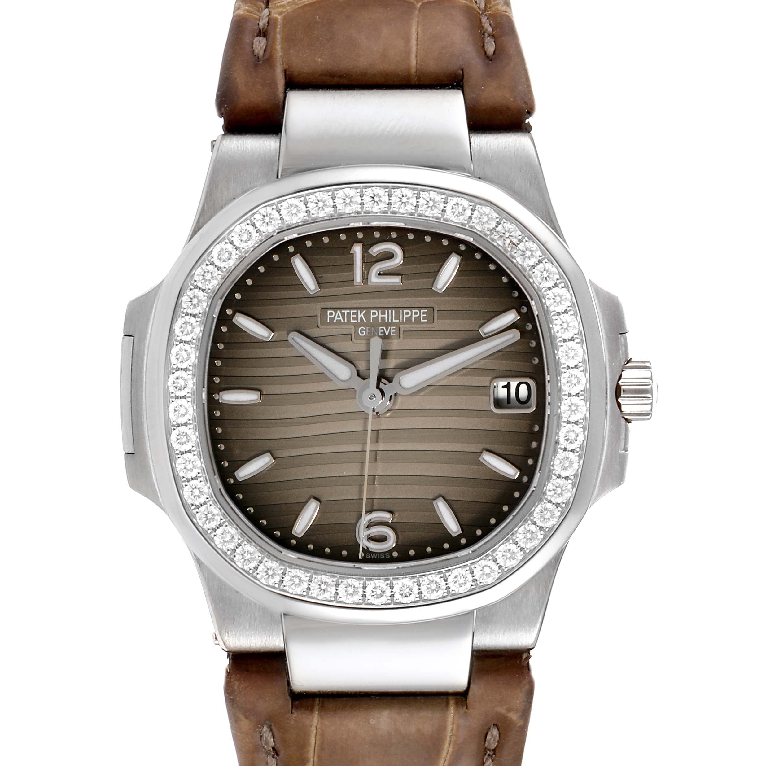 Front view of the Patek Philippe Nautilus 7010G Women's White Gold Grey Dial 7010G Women's White Gold Grey Dial watch, showing the dial, bezel, crown, and part of the leather strap.
