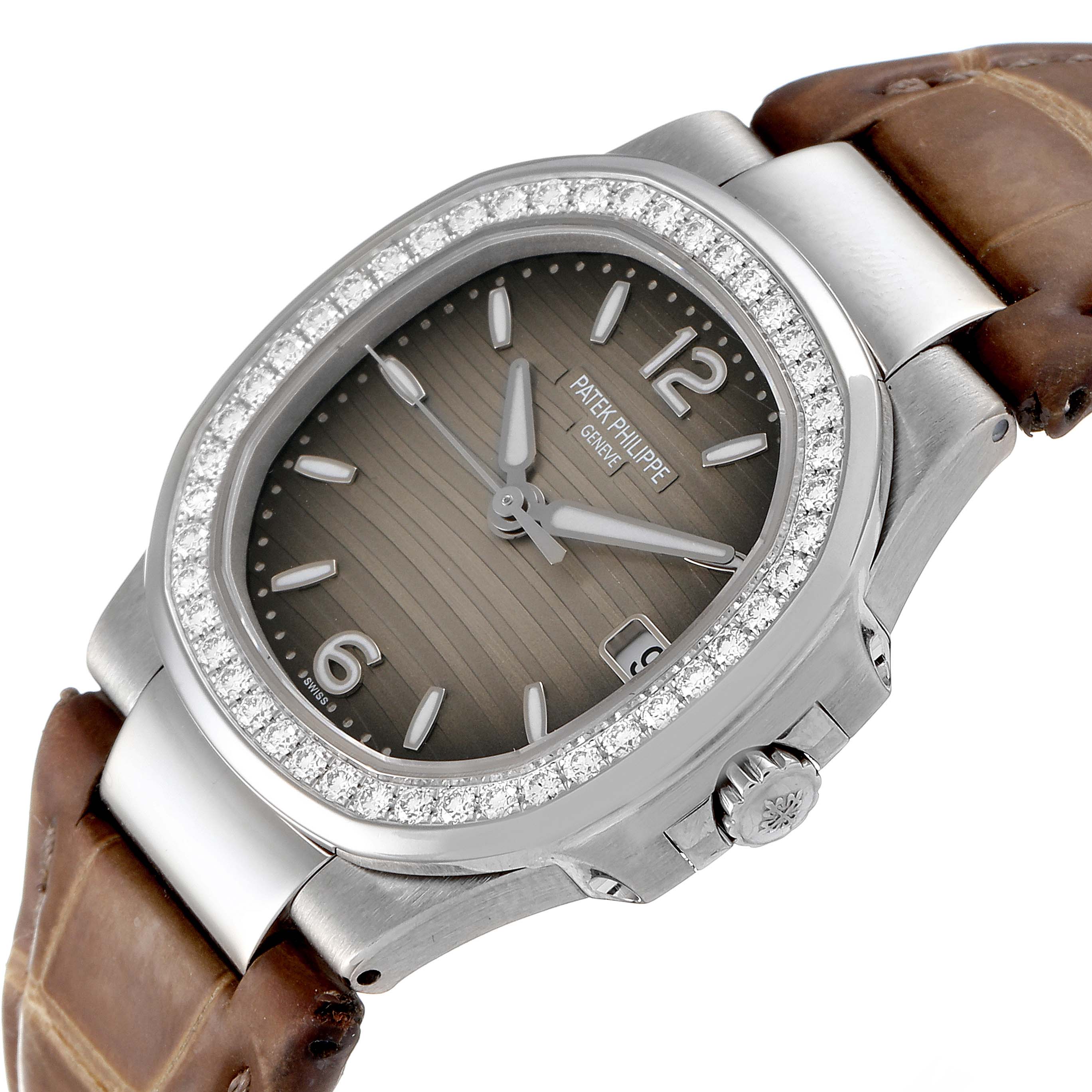 The image shows a Patek Philippe Nautilus 7010G Women's White Gold Grey Dial 7010G Women's White Gold Grey Dial watch at a slight angle, highlighting its face, diamond bezel, and leather strap.