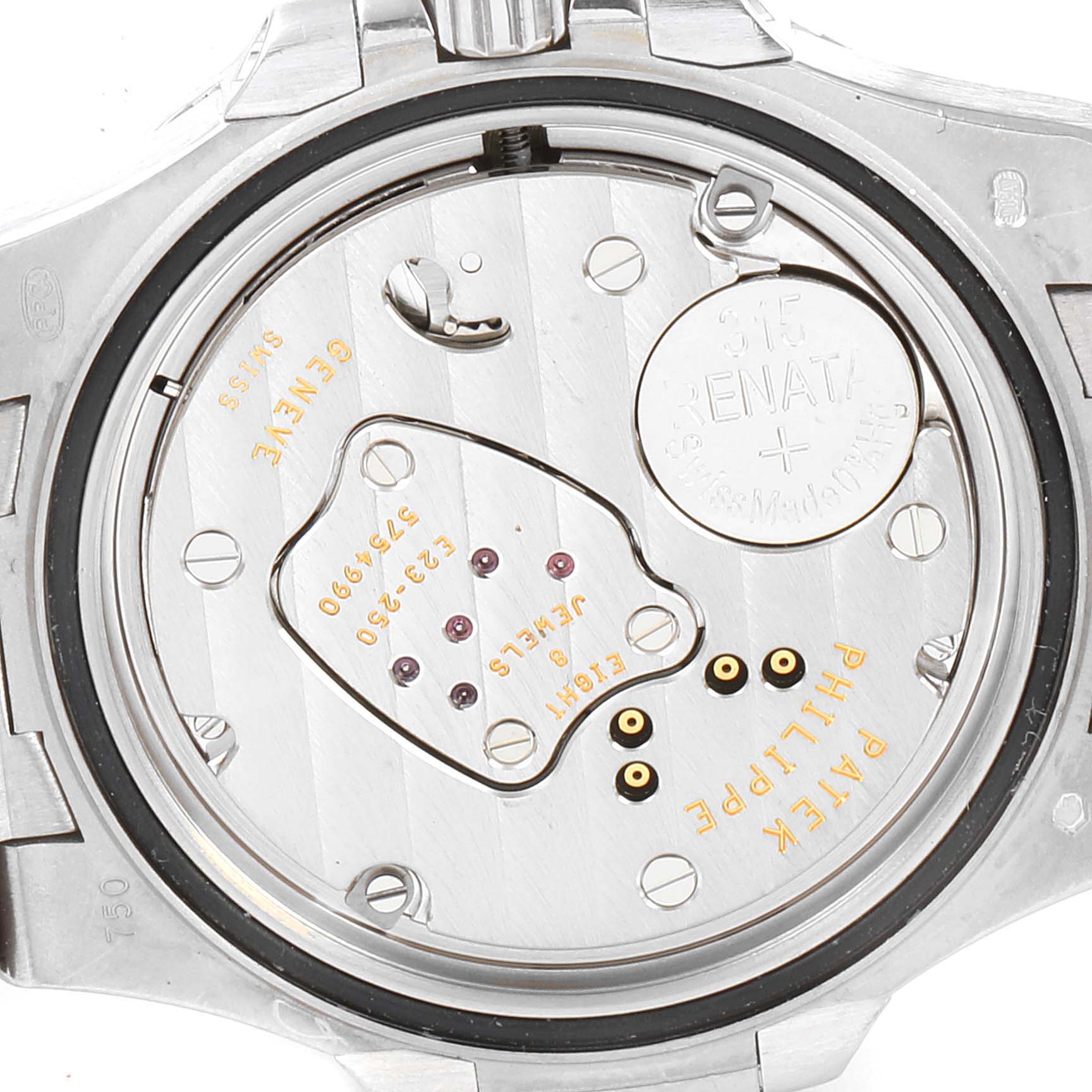 This image shows the back view of the movement mechanism inside a Patek Philippe Nautilus 7010G Women's White Gold Grey Dial 7010G Women's White Gold Grey Dial watch.