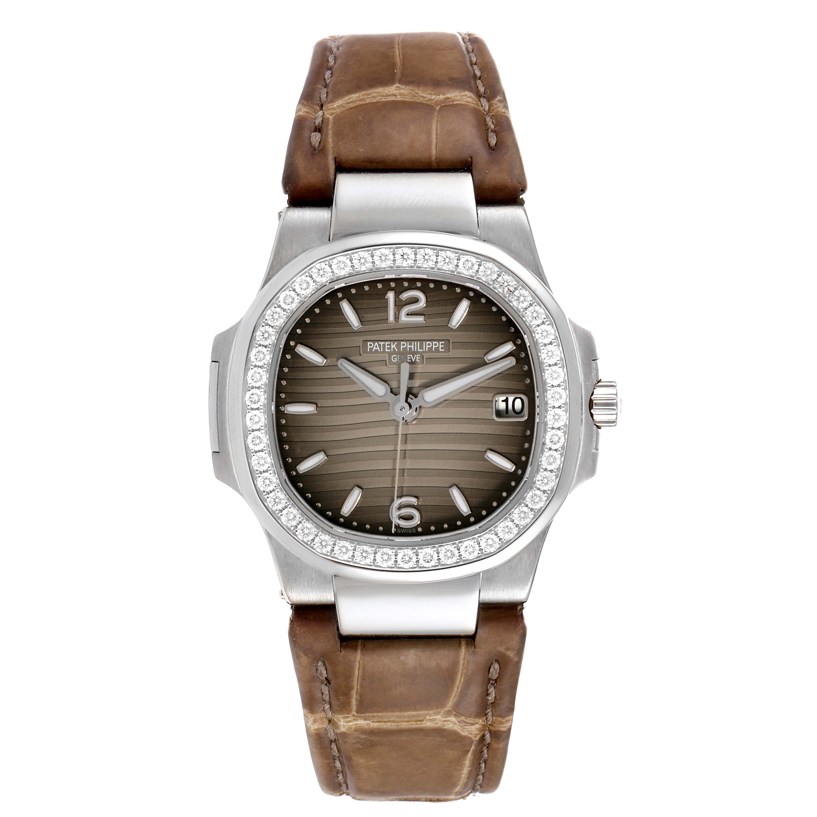 The image shows a front view of a Patek Philippe Nautilus 7010G Women's White Gold Grey Dial 7010G Women's White Gold Grey Dial watch with a brown leather strap and diamond-studded bezel.