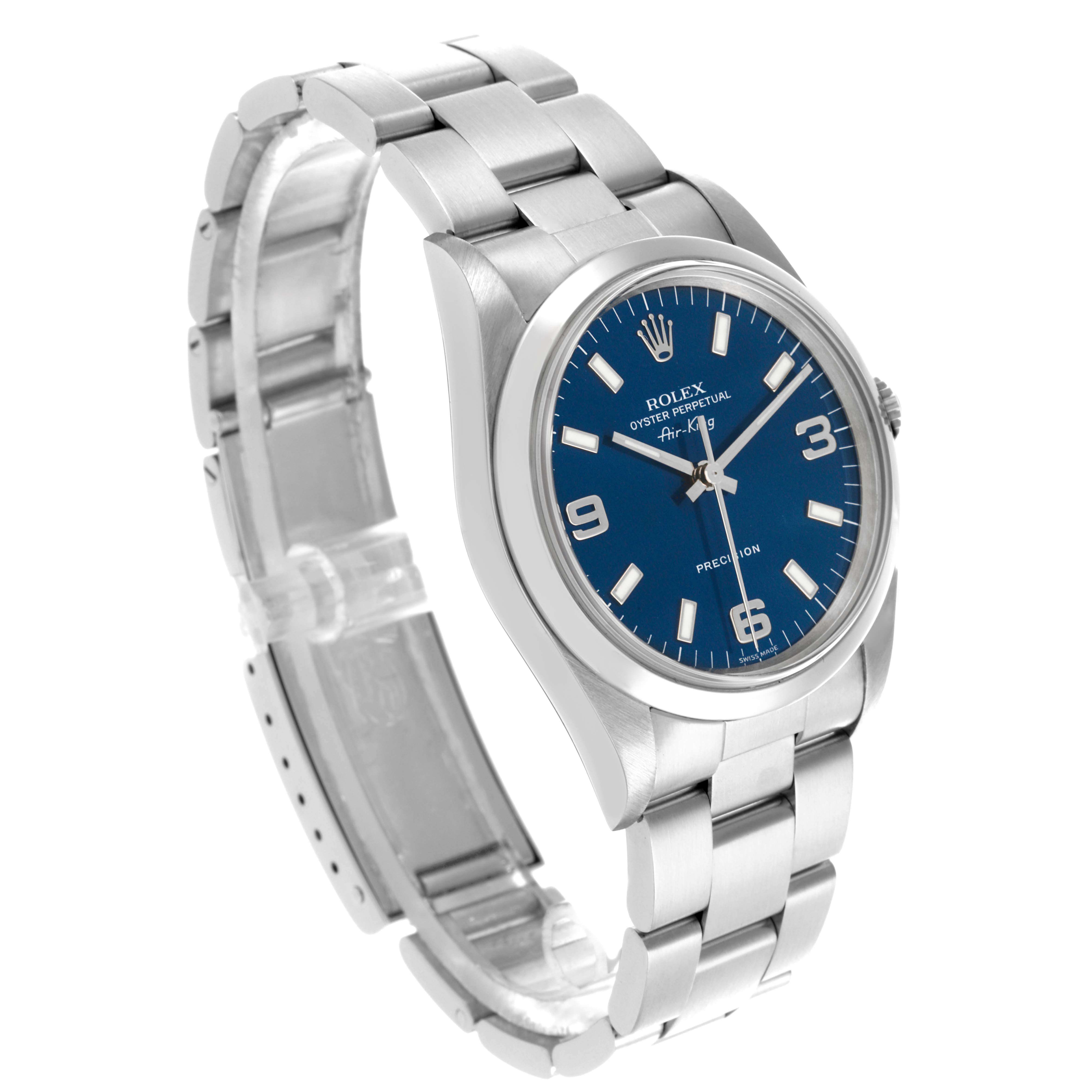 The Rolex Air-King 14000 Men's Stainless Steel Blue Dial watch is shown at a three-quarter angle, highlighting the bracelet, bezel, and blue dial.