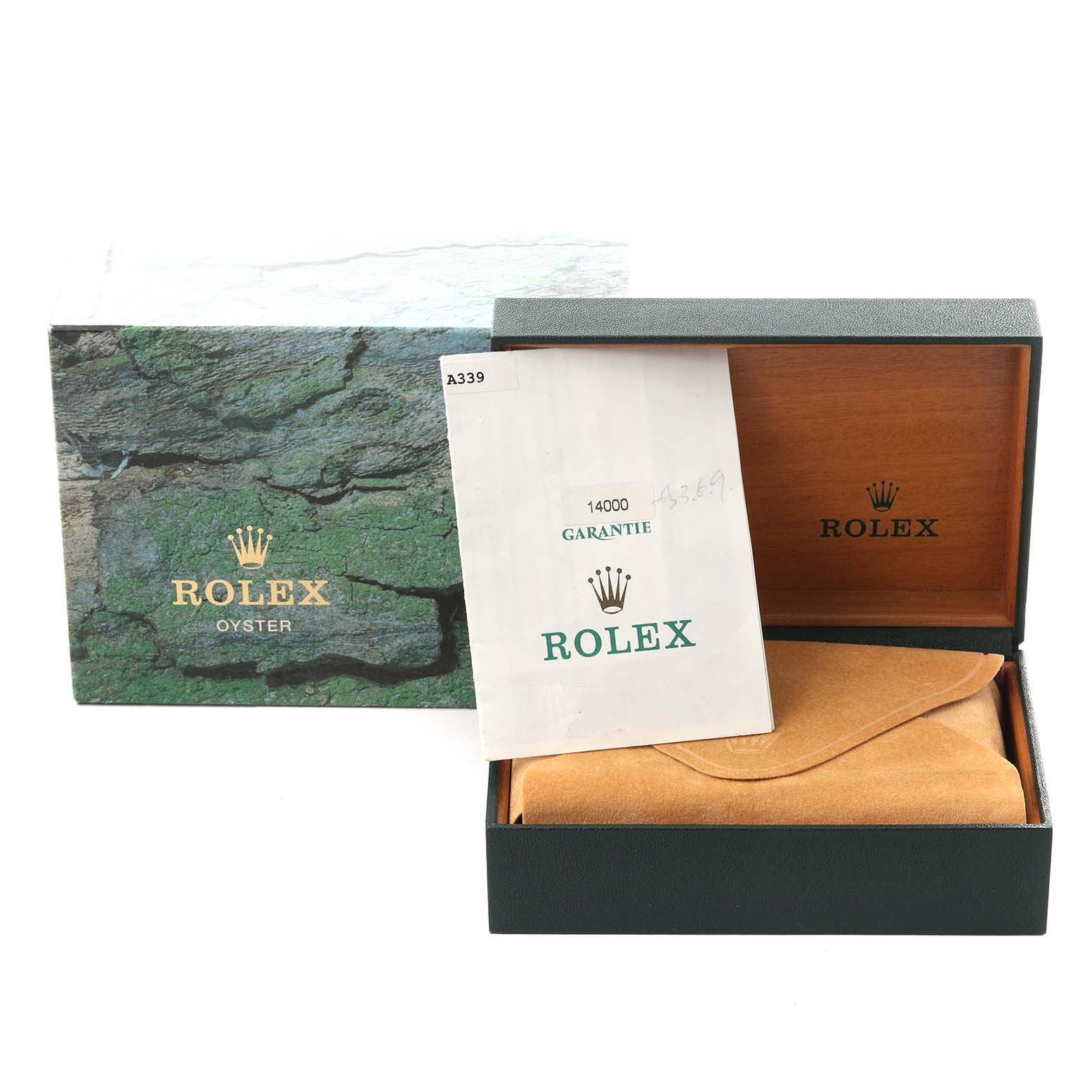 The Rolex Air-King 14000 Men's Stainless Steel Blue Dial watch accessories include a box, warranty card, and a pouch, shown from a front angle.