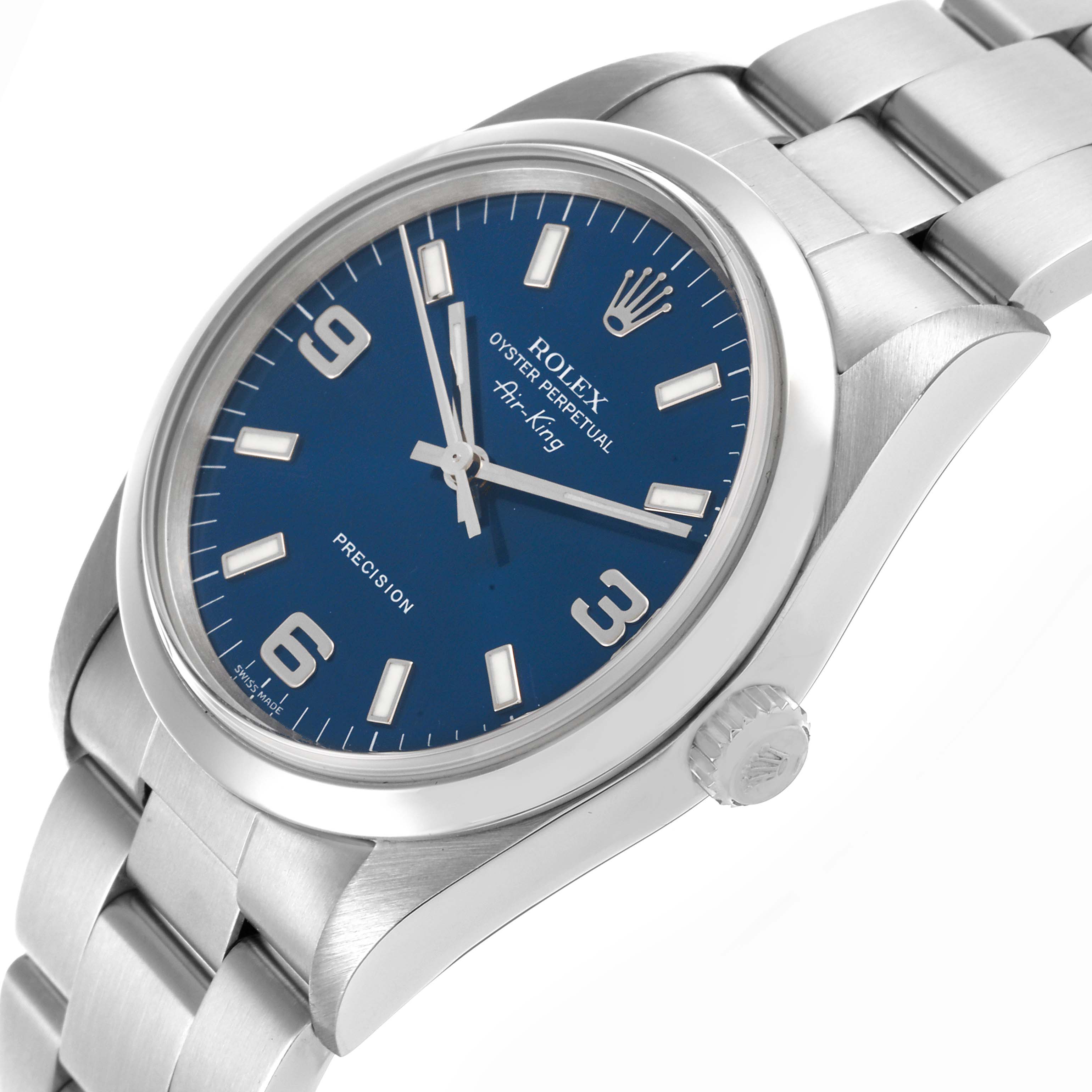 The image shows a side angle of the Rolex Air-King 14000 Men's Stainless Steel Blue Dial watch, highlighting the dial, bezel, crown, and part of the bracelet.