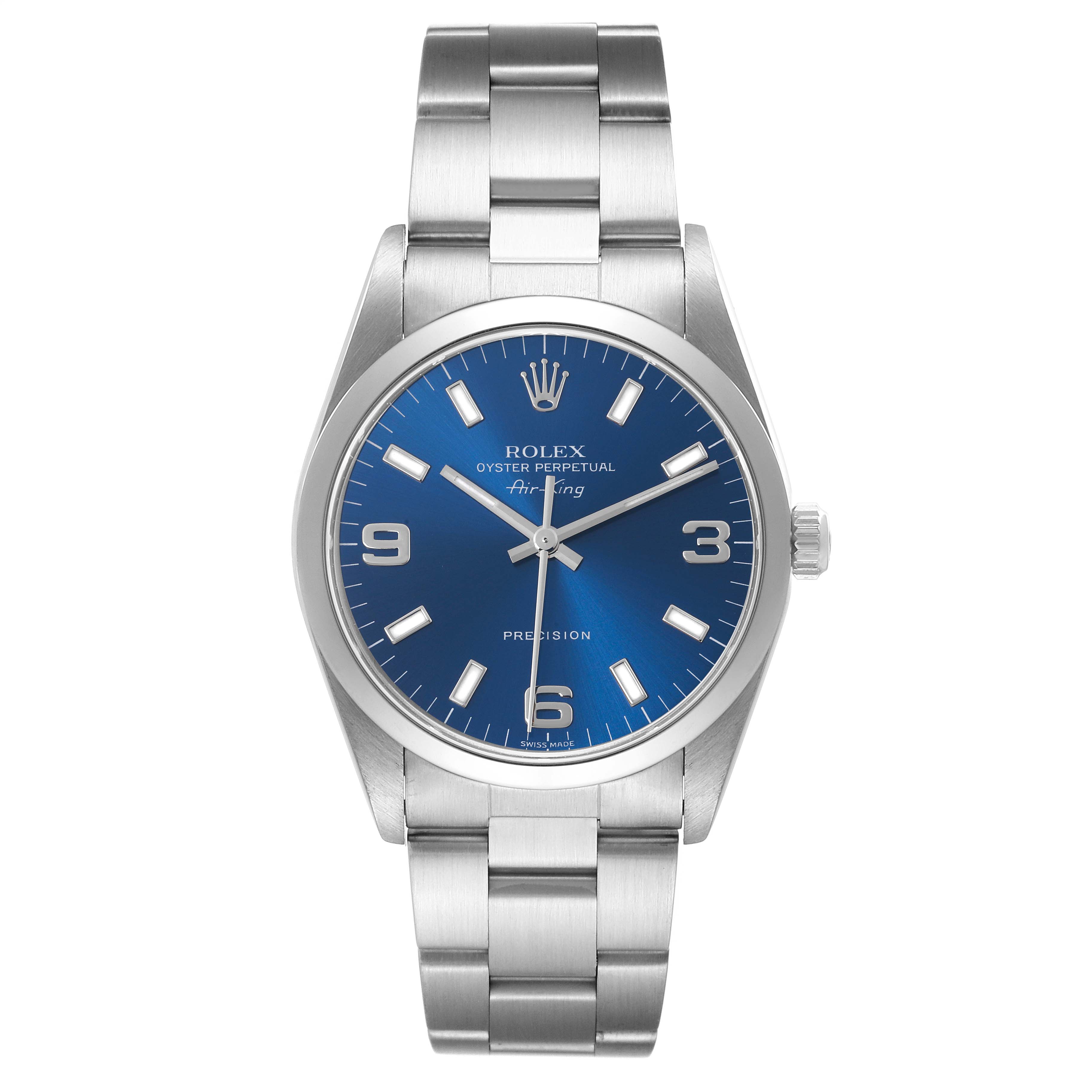 The Rolex Air-King 14000 Men's Stainless Steel Blue Dial watch is shown from a front angle, displaying the blue dial, silver indices, and stainless steel bracelet.