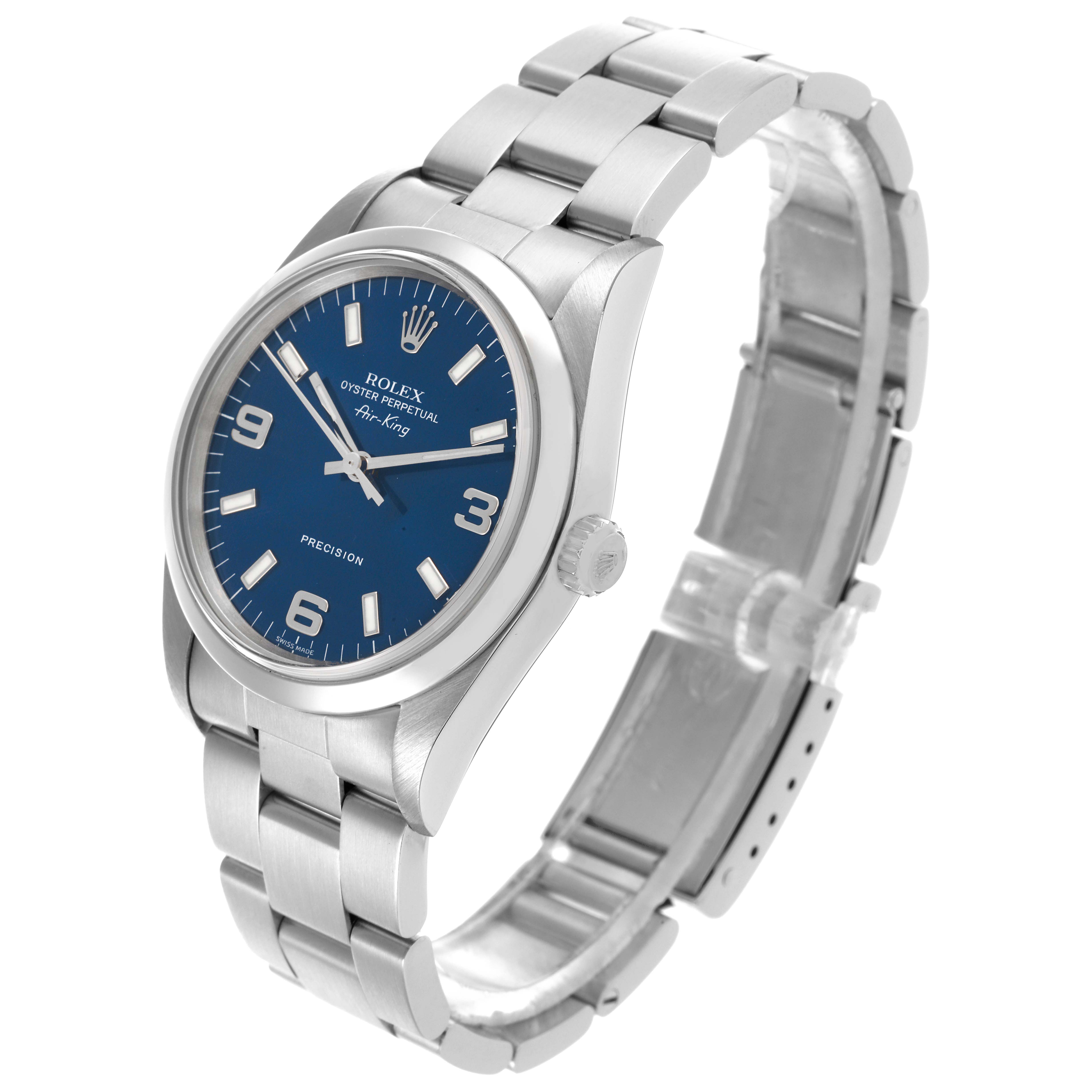 The Rolex Air-King 14000 Men's Stainless Steel Blue Dial watch is shown at a three-quarter angle, highlighting its blue dial, case, and silver bracelet.