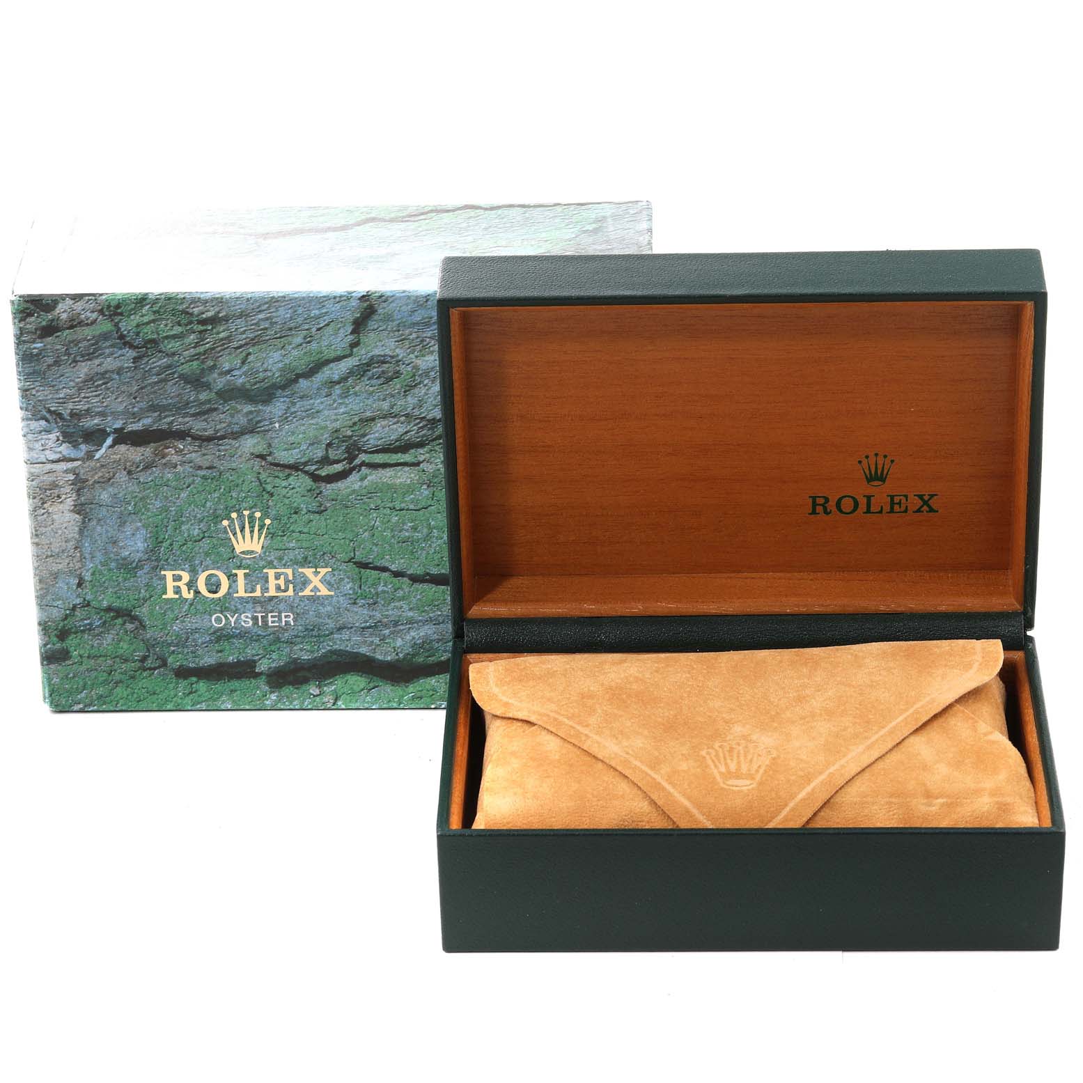 The image shows the packaging of a Rolex Air-King 14000 Men's Stainless Steel Black Dial 14000 Men's Stainless Steel Black Dial, including a closed presentation box and an open inner box containing a suede pouch.