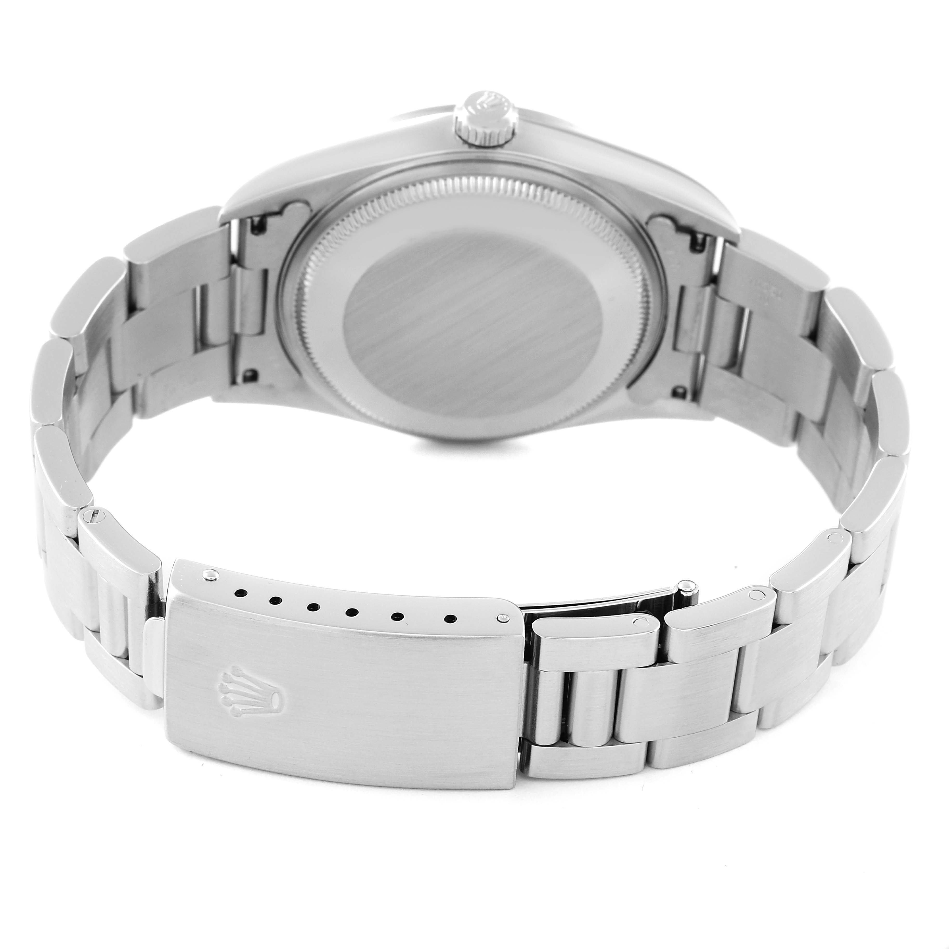 The image shows the back view of a Rolex Air-King 14000 Men's Stainless Steel Black Dial 14000 Men's Stainless Steel Black Dial watch, highlighting the case back, bracelet, and clasp.