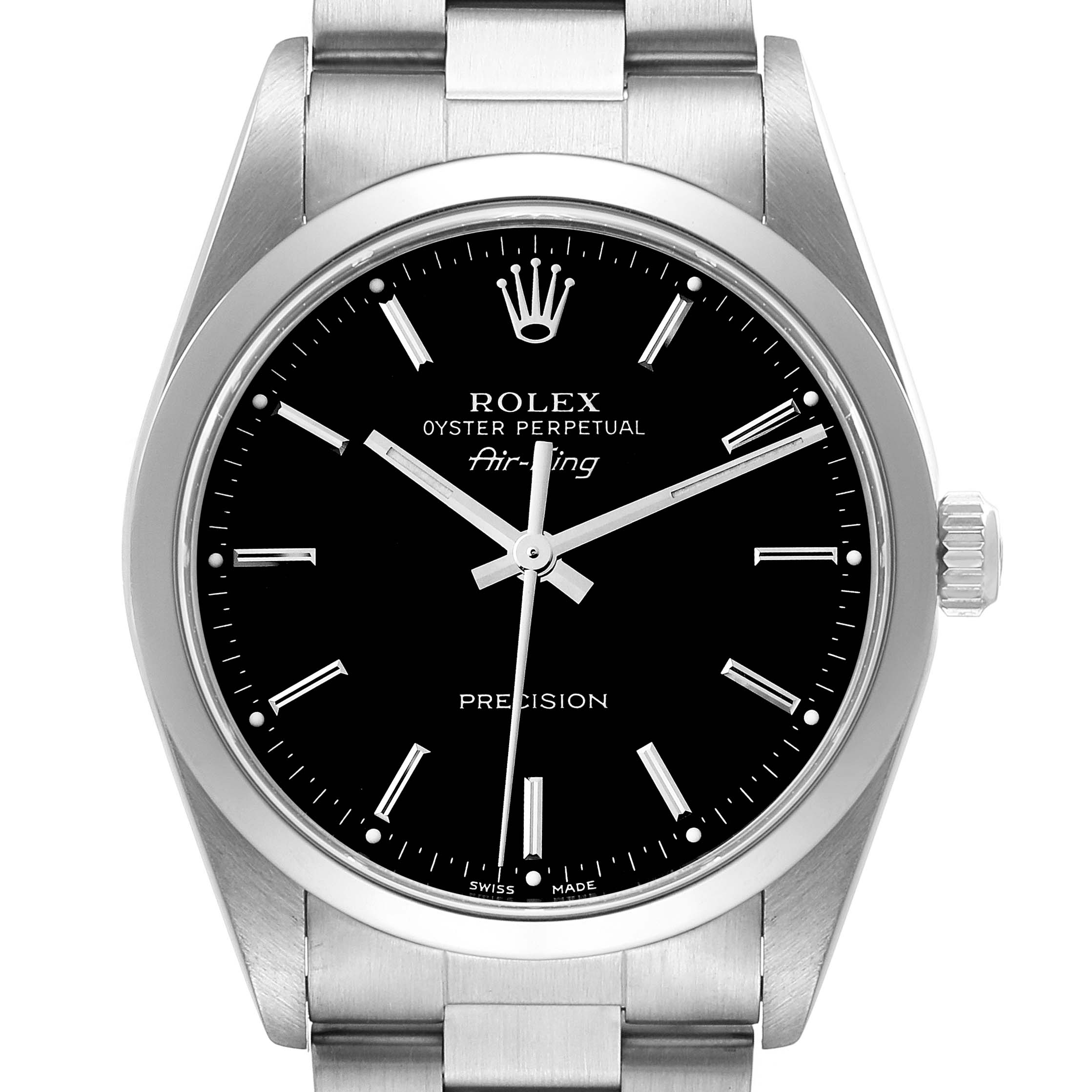 The image shows a front view of a Rolex Air-King 14000 Men's Stainless Steel Black Dial 14000 Men's Stainless Steel Black Dial watch showcasing its black dial, silver hour markers, and metal bracelet.