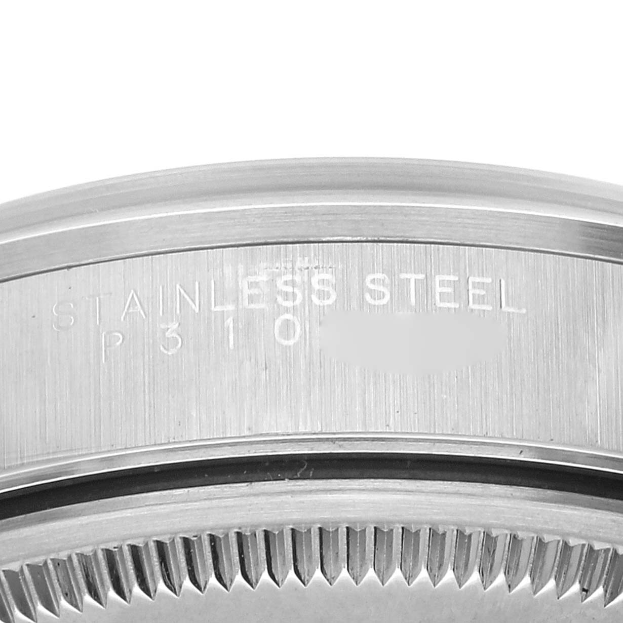 The image shows a close-up of the stainless steel case back of a Rolex Air-King 14000 Men's Stainless Steel Black Dial 14000 Men's Stainless Steel Black Dial watch, highlighting the engraved text.