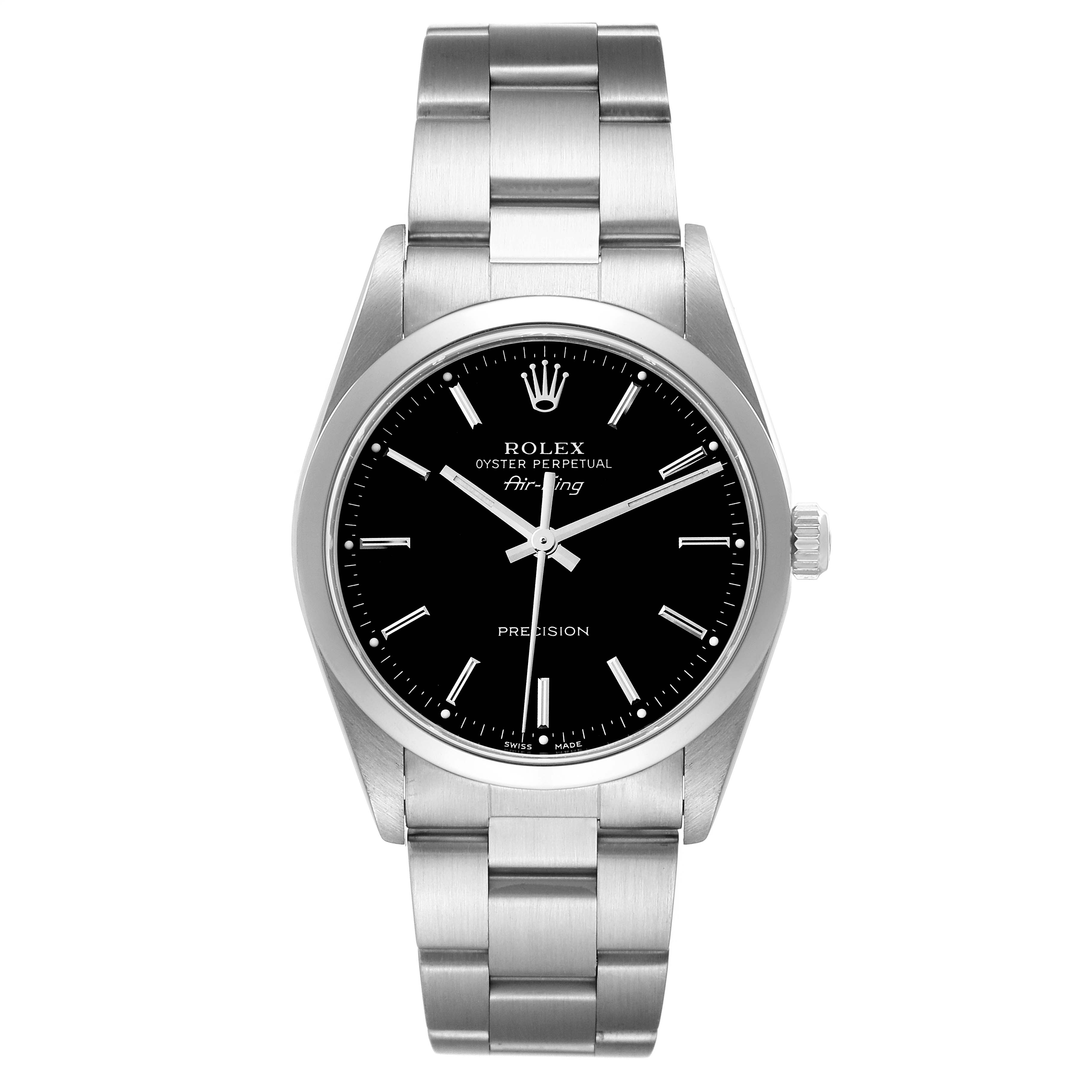 The image shows a front view of the Rolex Air-King 14000 Men's Stainless Steel Black Dial 14000 Men's Stainless Steel Black Dial watch, displaying the full bracelet and dial.