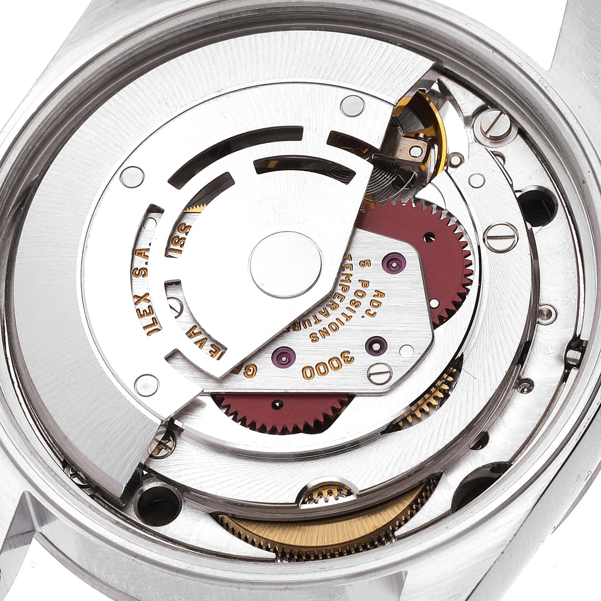 The image shows the internal movement mechanism of a Rolex Air-King 14000 Men's Stainless Steel Black Dial 14000 Men's Stainless Steel Black Dial watch from a close-up, top-down angle.