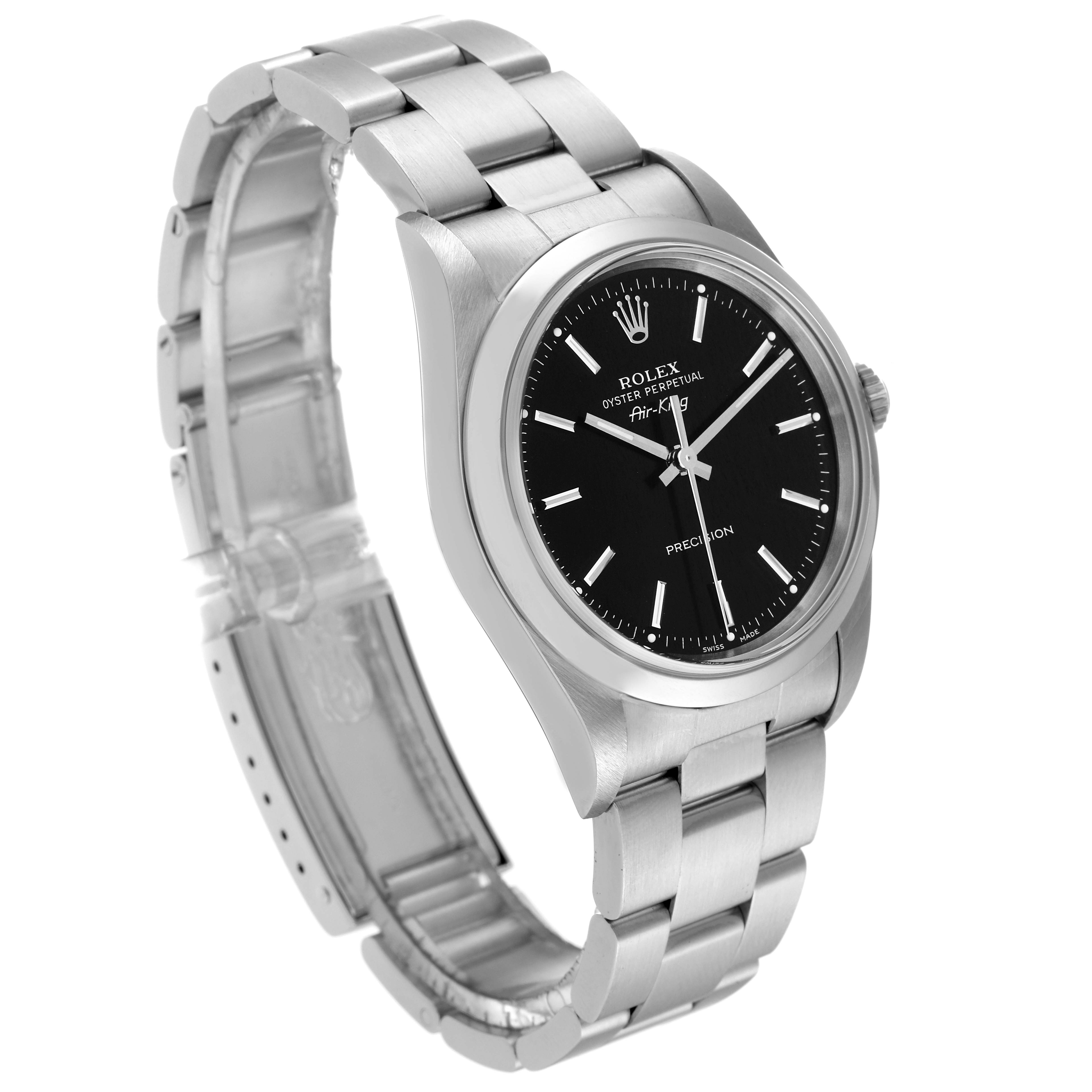 The image shows a Rolex Air-King 14000 Men's Stainless Steel Black Dial 14000 Men's Stainless Steel Black Dial watch at an angled view, displaying its face, casing, and bracelet.