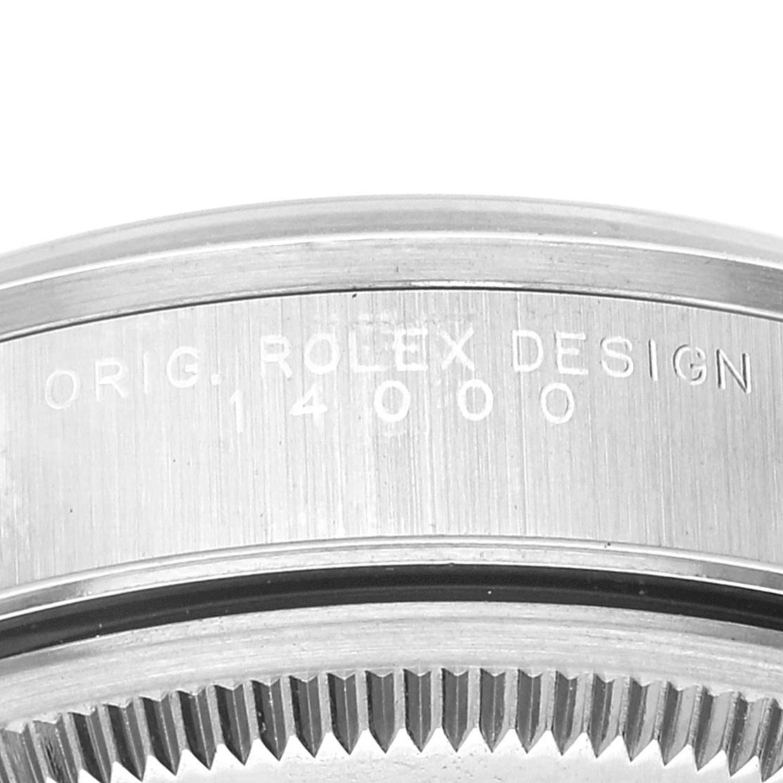 This close-up image shows the side edge and part of the bezel of a Rolex Air-King 14000 Men's Stainless Steel Black Dial 14000 Men's Stainless Steel Black Dial watch, displaying the engraving "ORIG. ROLEX DESIGN 14000".
