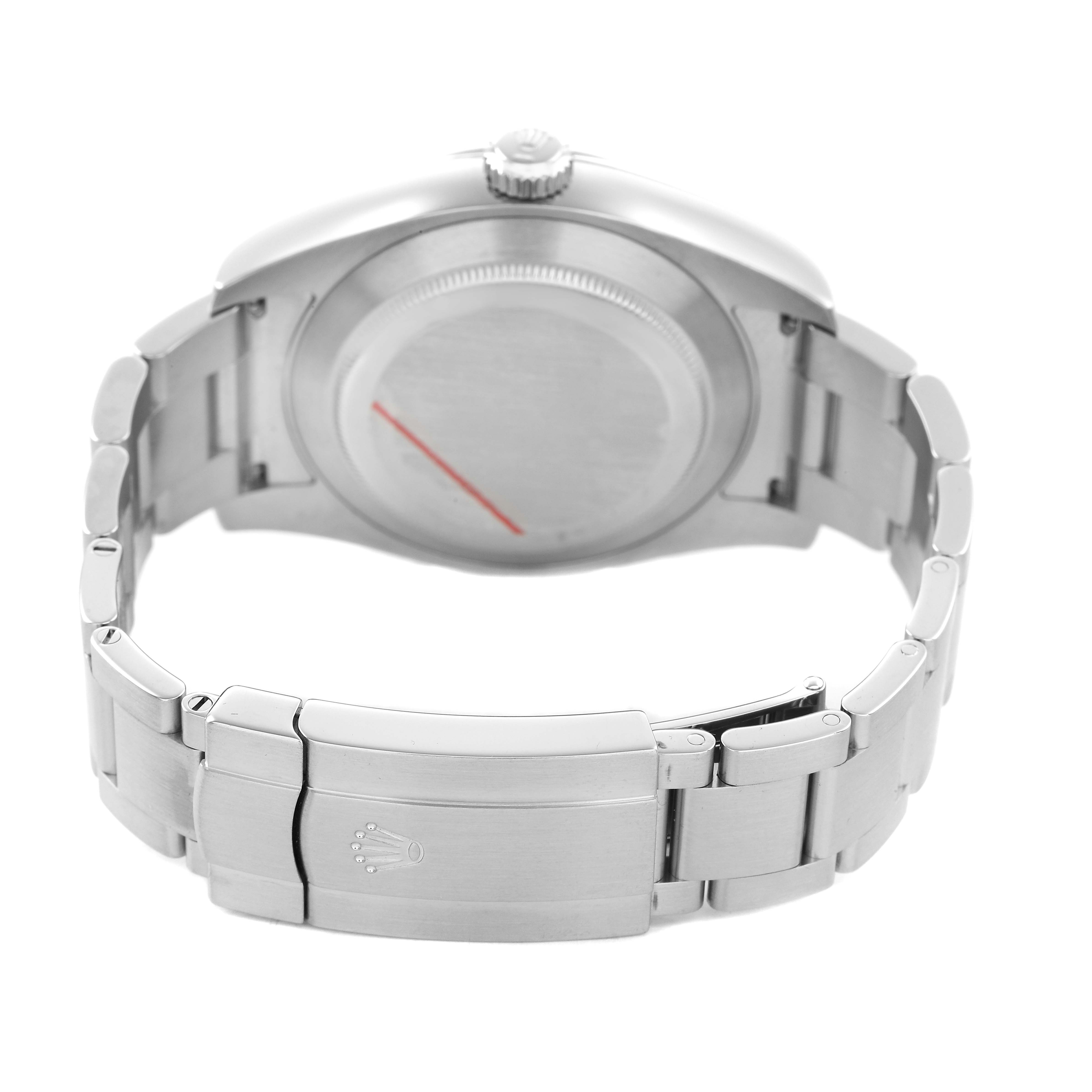 The image shows the back view of a Rolex Air-King 116900 Men's Stainless Steel Black Dial, highlighting the case back, crown, and clasp of the metal bracelet.