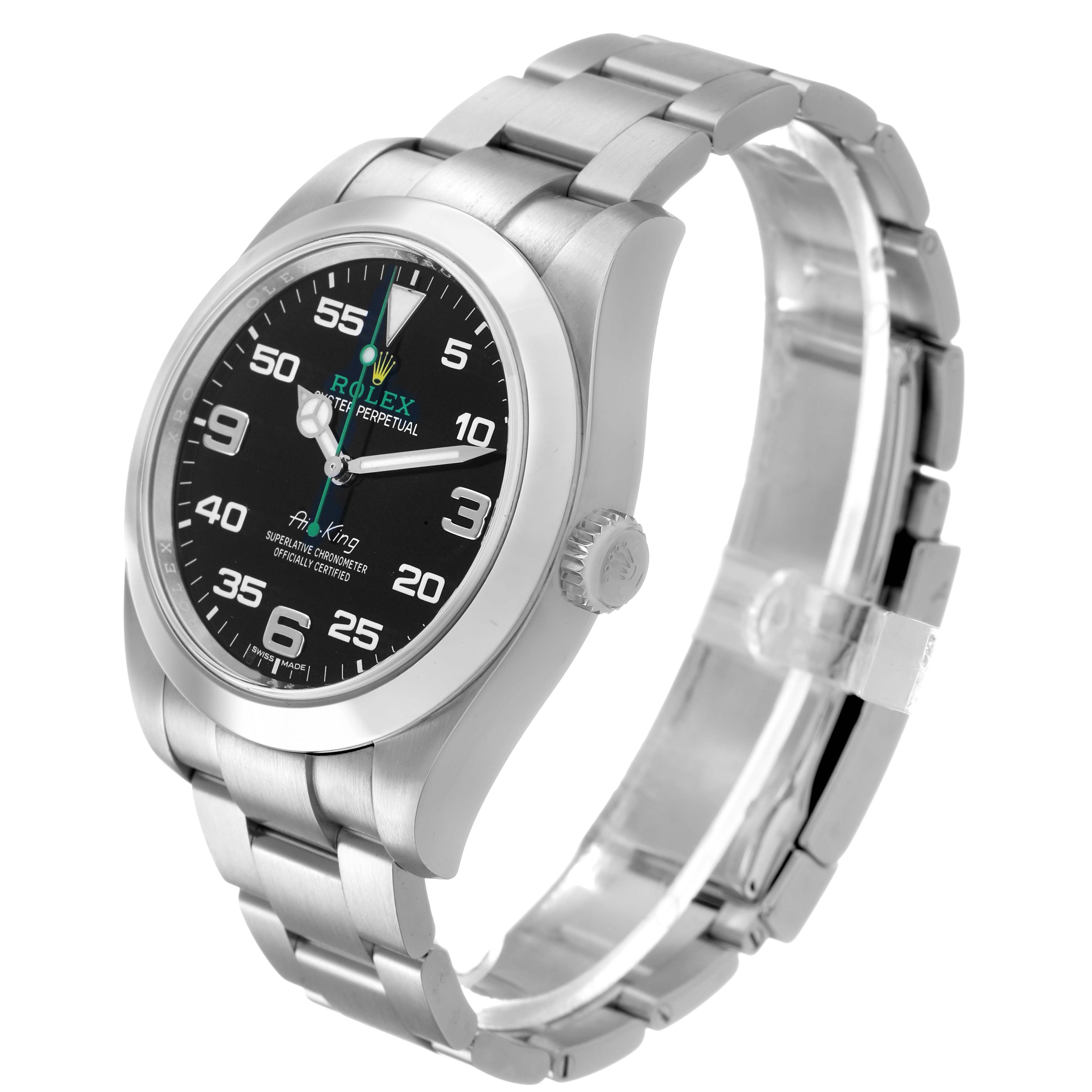 The Rolex Air-King 116900 Men's Stainless Steel Black Dial watch is shown at an angled front view, highlighting the dial, case, crown, and part of the bracelet.