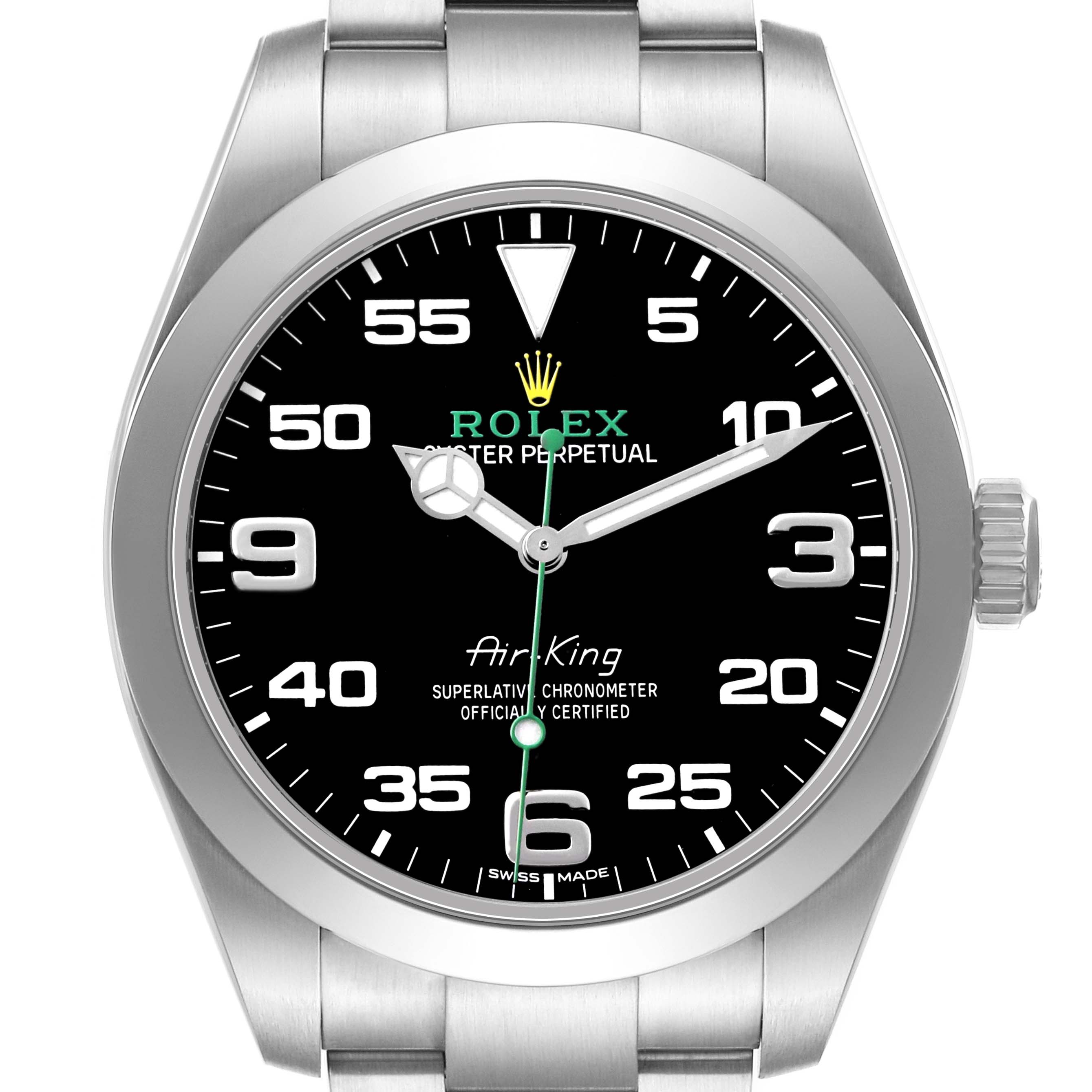 The Rolex Air-King 116900 Men's Stainless Steel Black Dial watch is shown from a straight-on angle, highlighting its dial, hour markers, and crown.