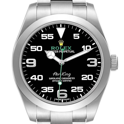 The Rolex Air-King 116900 Men's Stainless Steel Black Dial watch is shown from a front angle, displaying the dial, crown, and part of the bracelet.