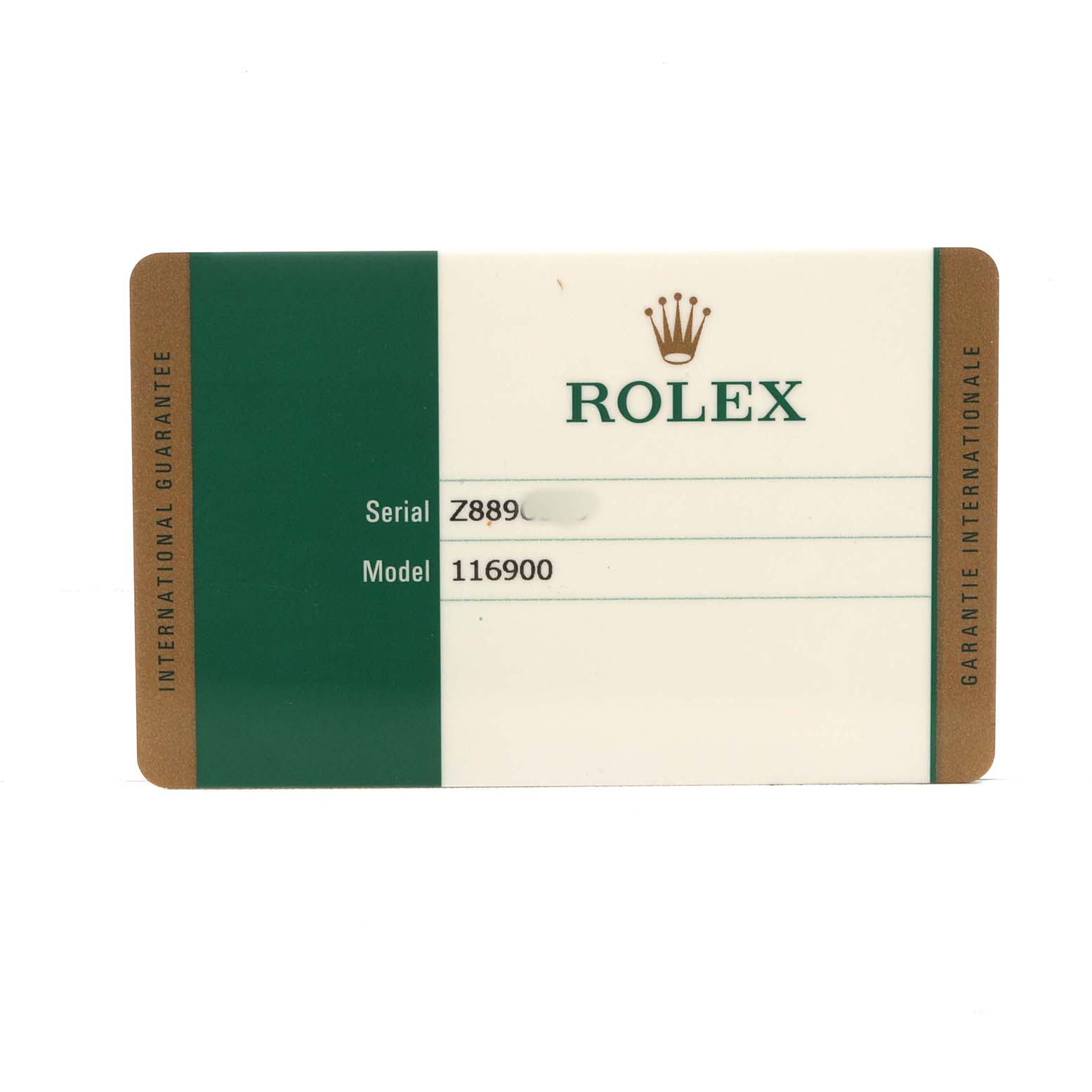This image shows an international guarantee card for the Rolex Air-King 116900 Men's Stainless Steel Black Dial model 116900.