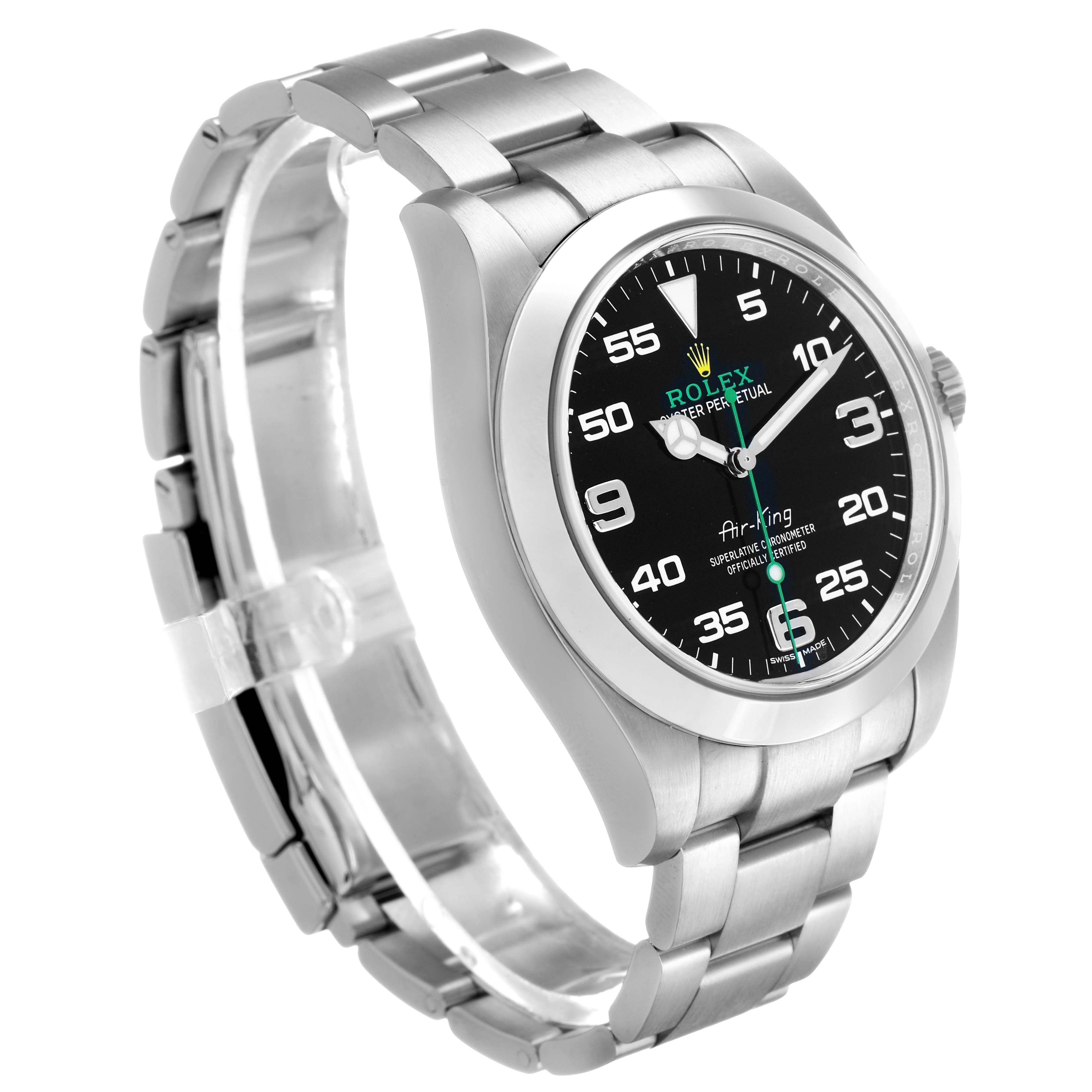 The Rolex Air-King 116900 Men's Stainless Steel Black Dial watch is shown at a three-quarter angle, highlighting the dial, bezel, and bracelet.