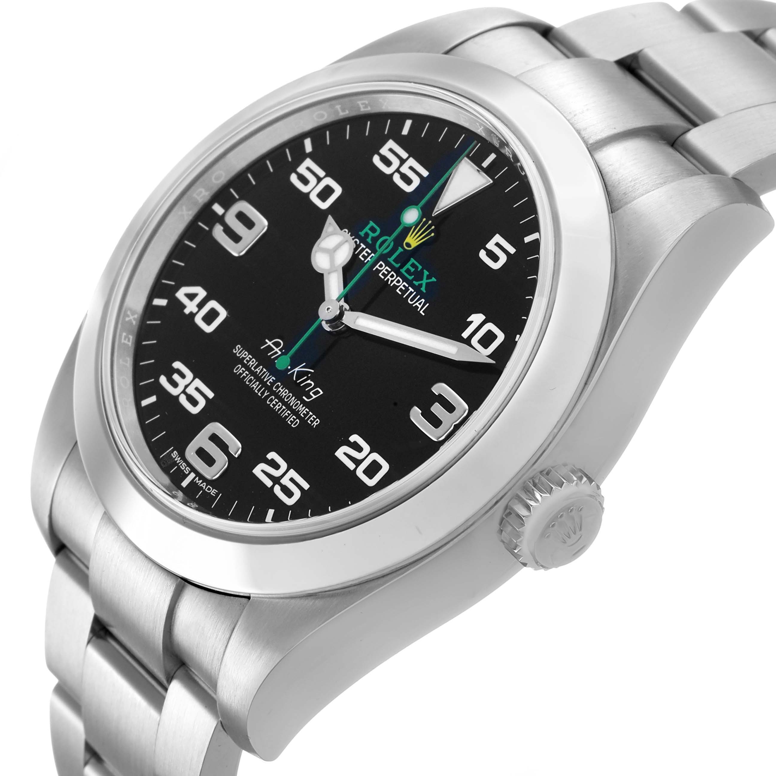 The Rolex Air-King 116900 Men's Stainless Steel Black Dial watch is shown at a slight angle, highlighting its dial, bezel, crown, and bracelet.