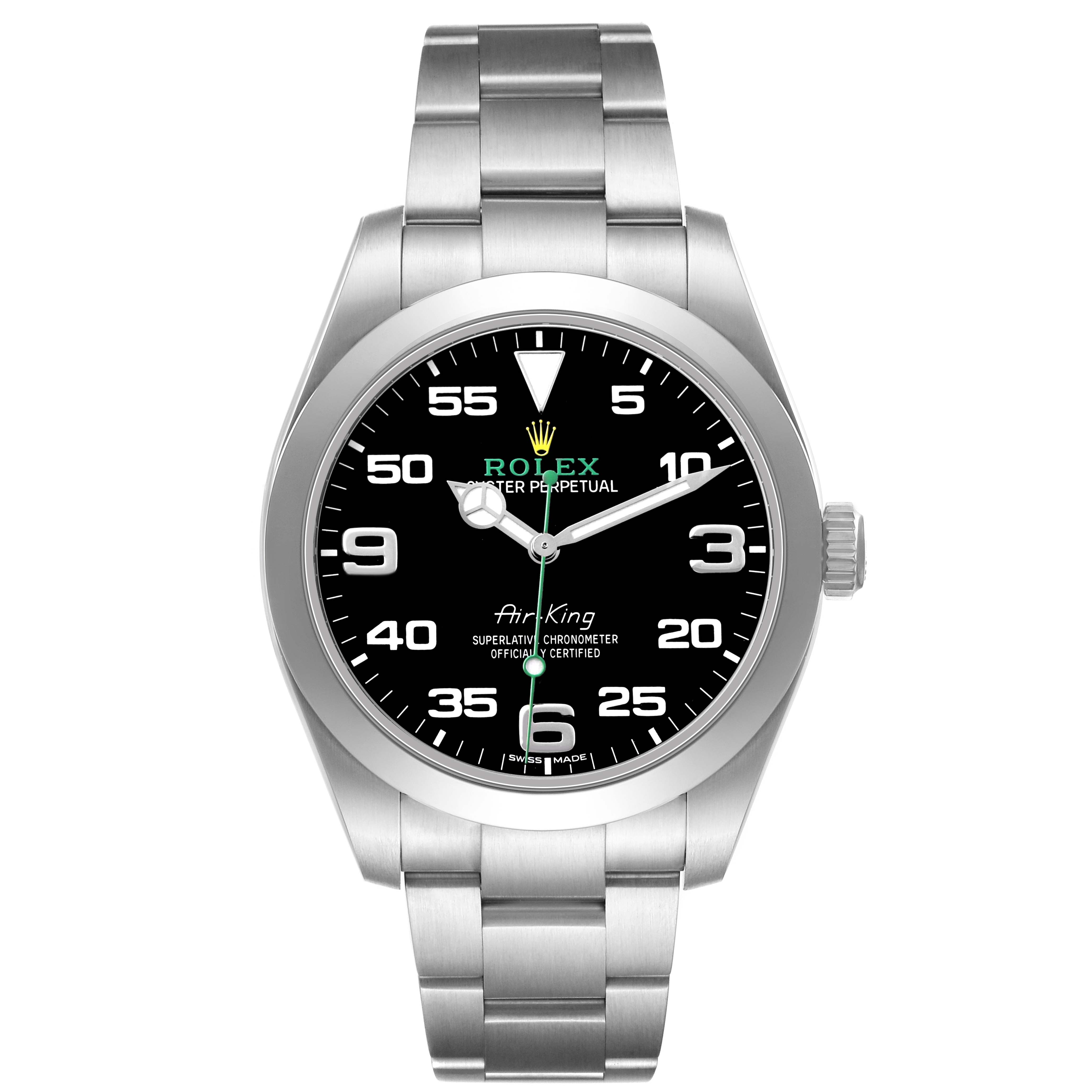 The Rolex Air-King 116900 Men's Stainless Steel Black Dial watch is shown from a front view, highlighting its face, bezel, and stainless steel bracelet.