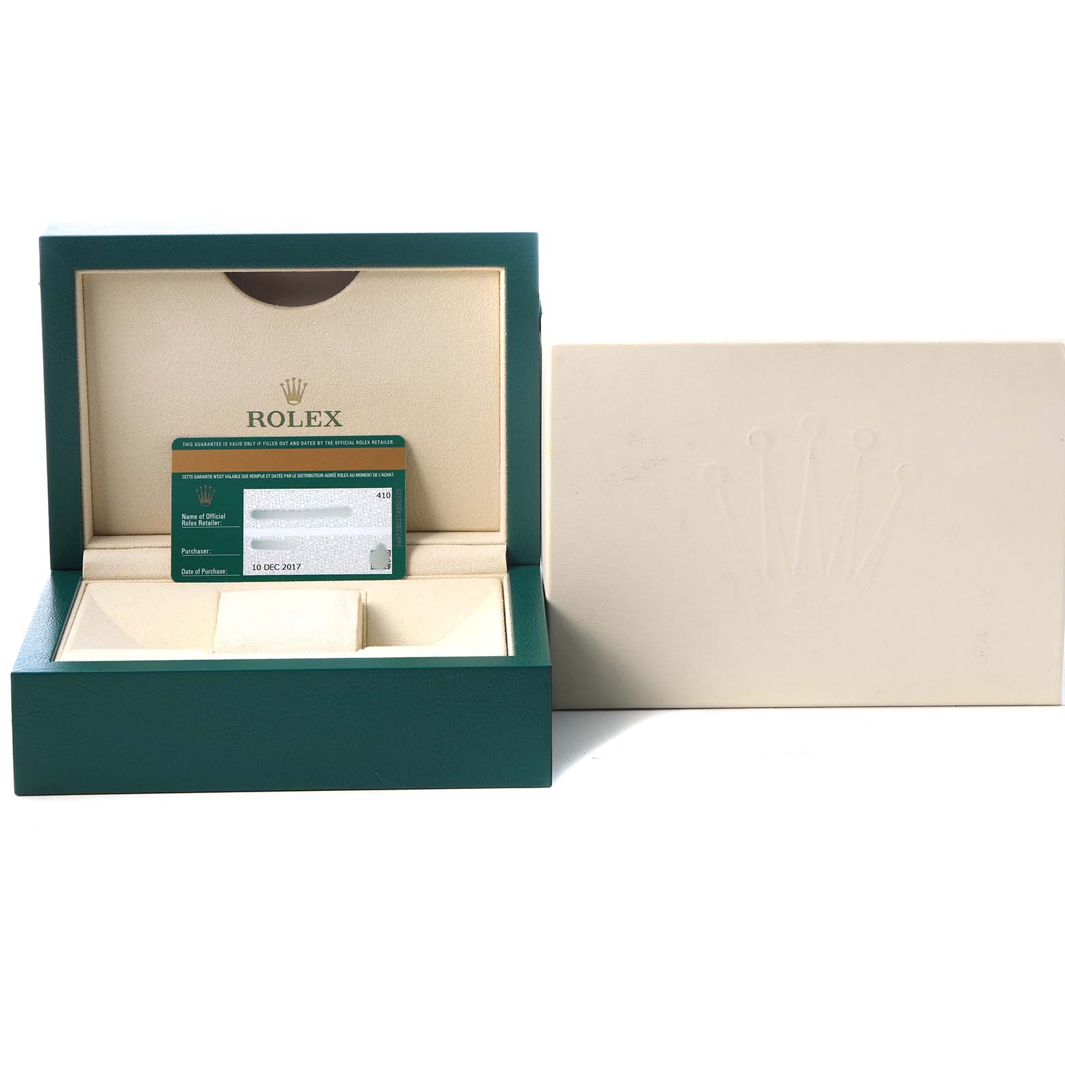 The image shows a Rolex Air-King 116900 Men's Stainless Steel Black Dial watch box open, revealing the interior and warranty card, with the outer box beside it.