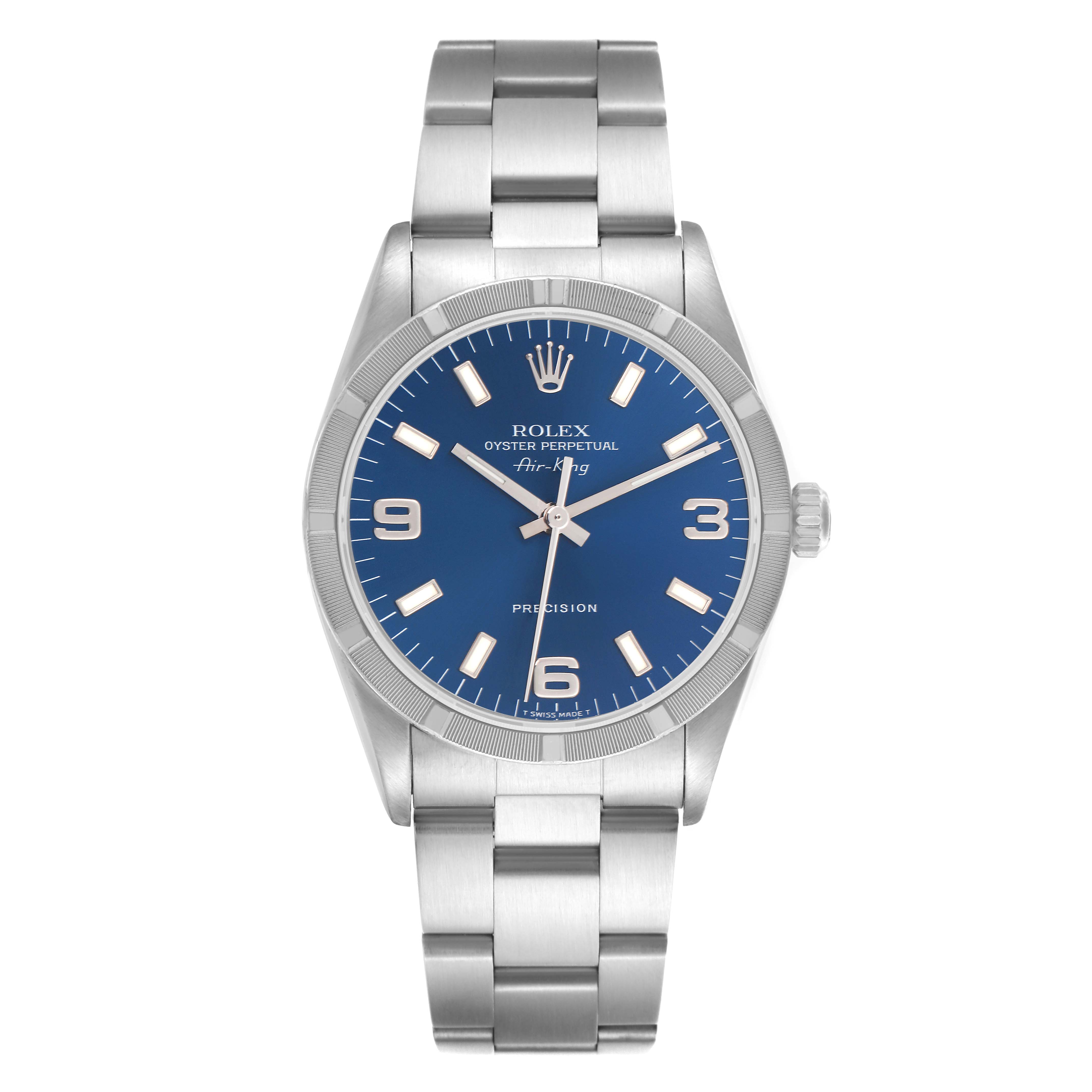 The Rolex Air-King 14010 Men's Stainless Steel Blue Dial 14010 Men's Stainless Steel Blue Dial watch is shown from a top angle, displaying the face, crown, and bracelet in full view.