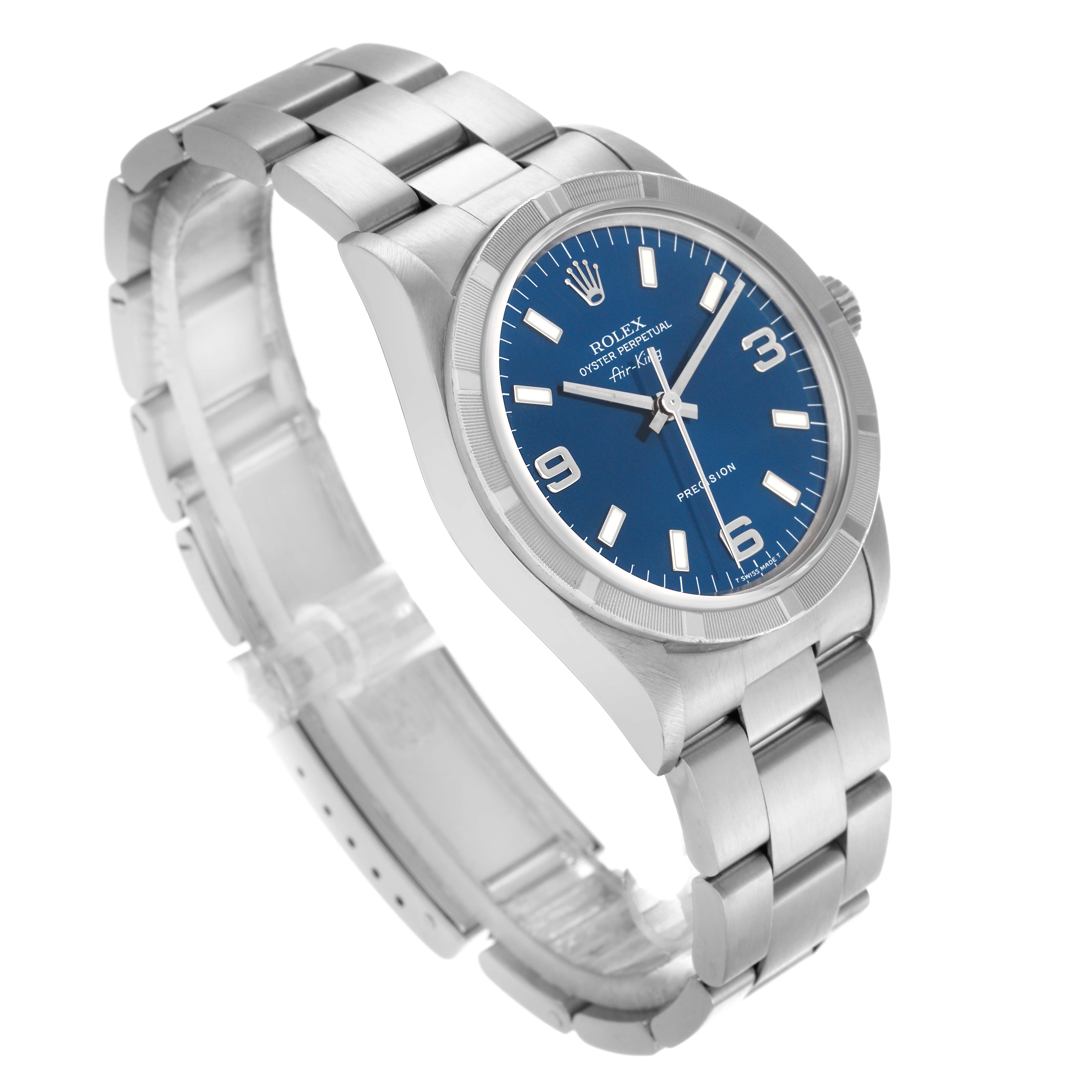 The Rolex Air-King 14010 Men's Stainless Steel Blue Dial 14010 Men's Stainless Steel Blue Dial watch is shown at an angled side view, displaying the blue dial, bezel, crown, and stainless steel bracelet.